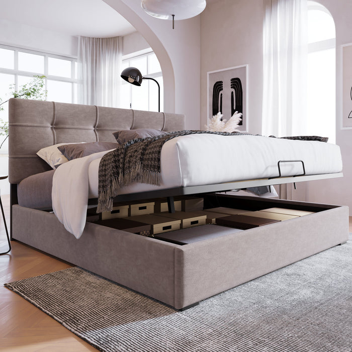 Hydraulic Double Upholstered Bed 140x200cm, Adjustable Headboard, Storage, Light Grey Velvet