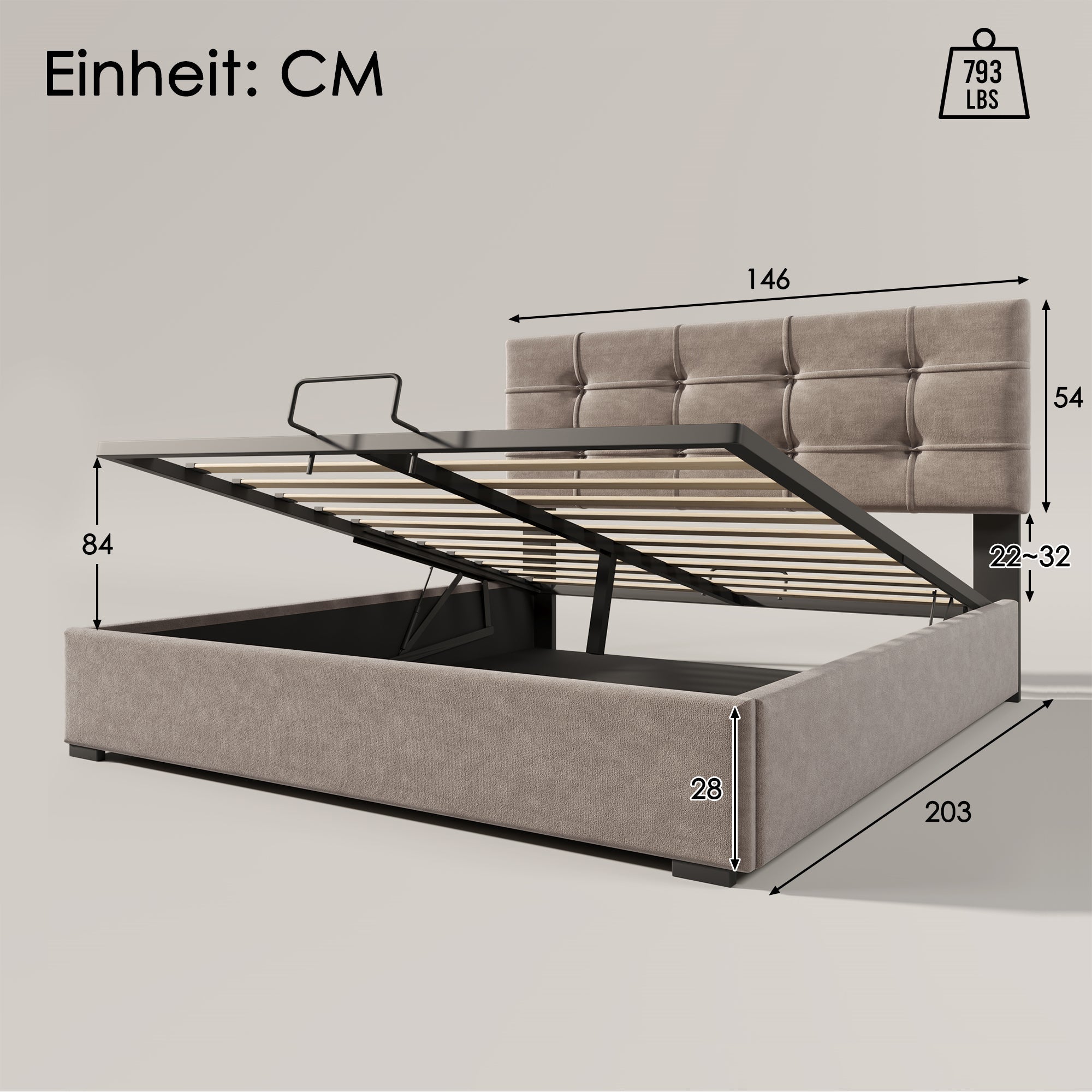 Hydraulic Double Upholstered Bed, 140x200cm with Adjustable Headboard, Metal Slatted Frame, Velvet Light Grey