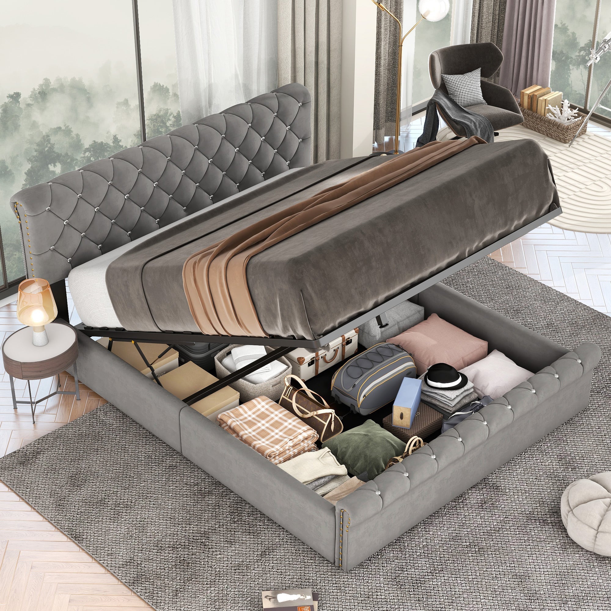 Upholstered Double Bed with Hydraulic Storage and Height-Adjustable Headboard, 140x200cm, Grey Velvet