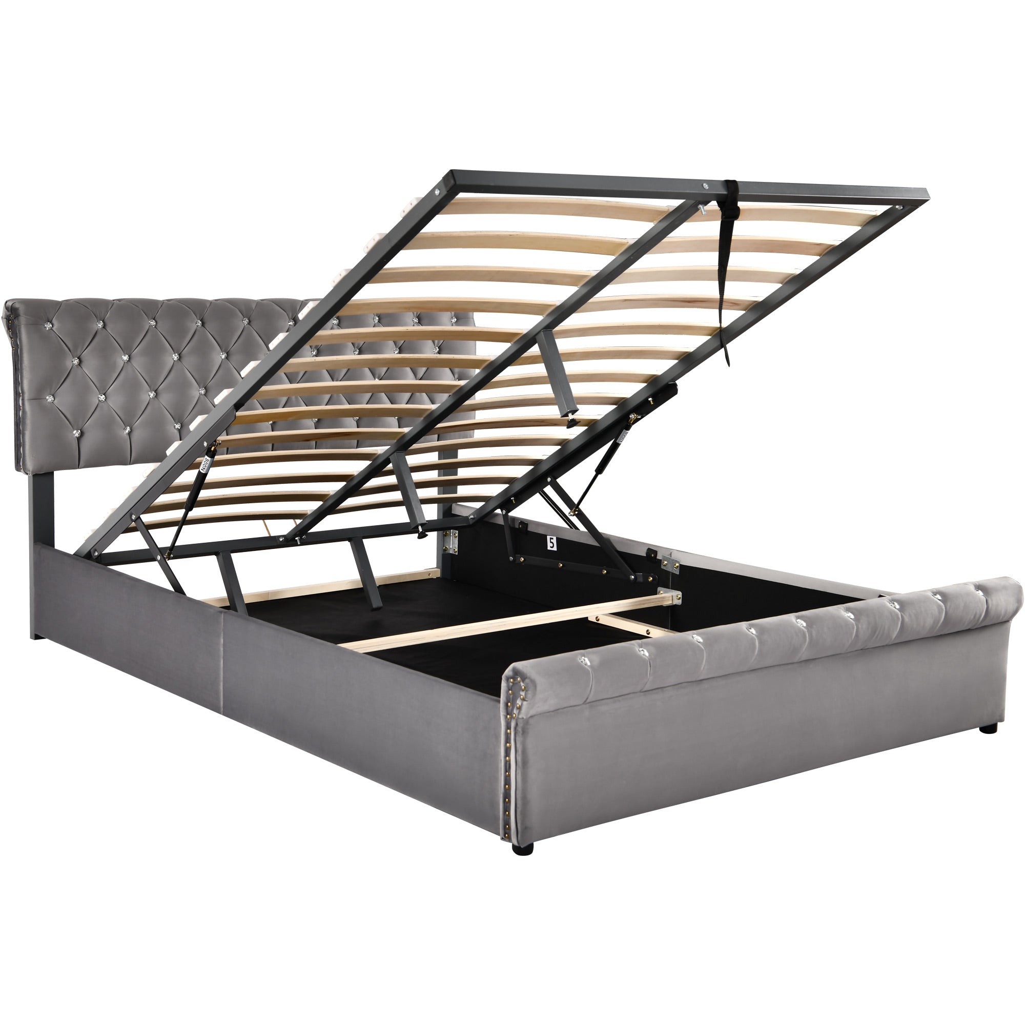 Upholstered Double Bed with Hydraulic Storage and Height-Adjustable Headboard, 140x200cm, Grey Velvet