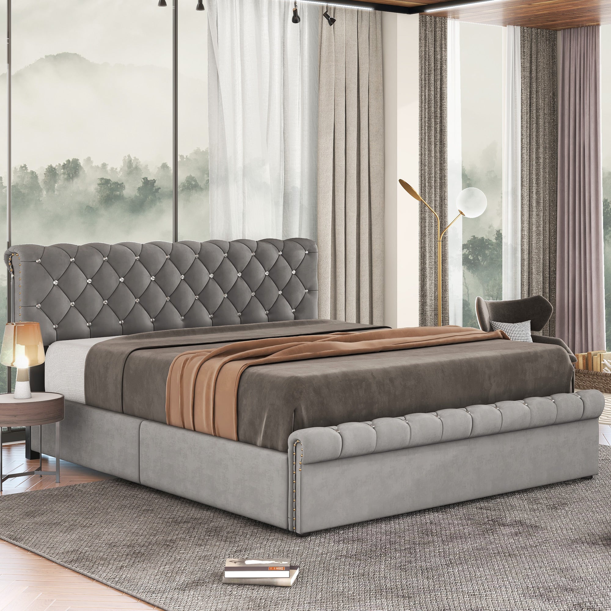 Upholstered Double Bed with Hydraulic Storage and Height-Adjustable Headboard, 140x200cm, Grey Velvet