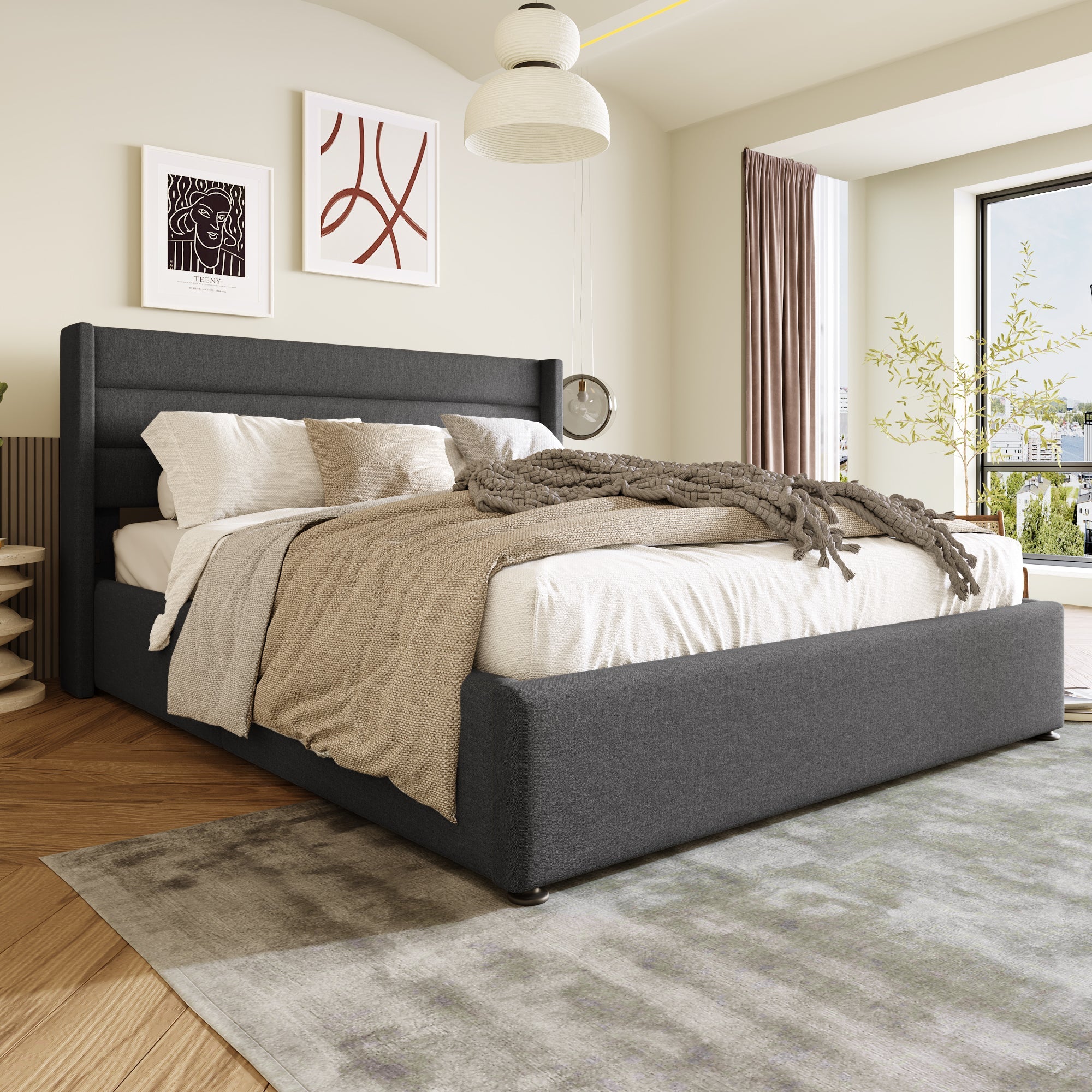 Storage Bed Upholstered Hydraulic Double 180x200cm, Slatted Base - Linen Grey