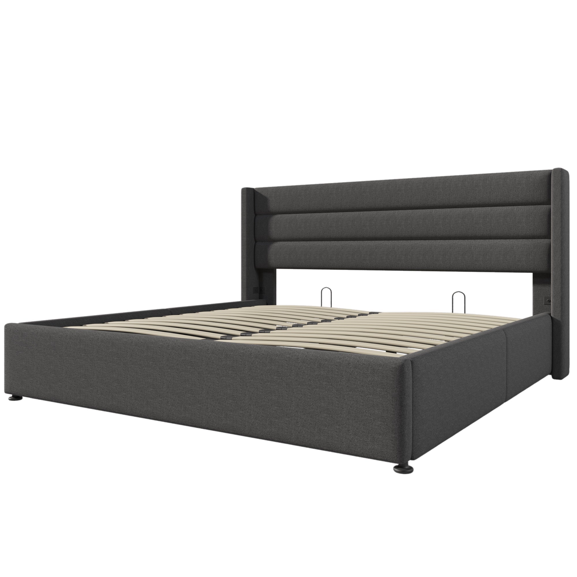 Storage Bed, Hydraulic Double Bed 160x200cm, Wooden/Metal Slatted Frame, Linen Grey