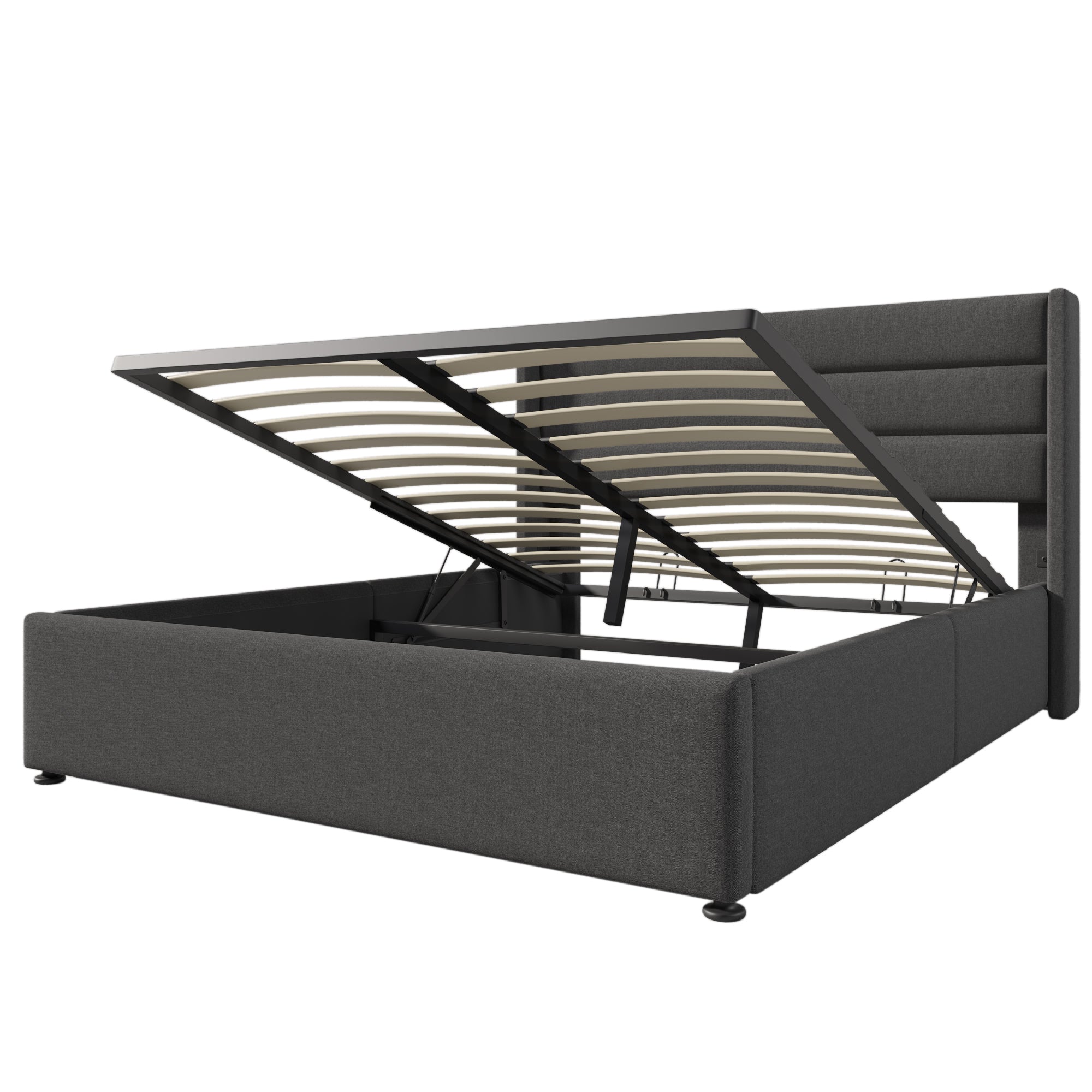 Storage Bed, Hydraulic Double Bed 160x200cm, Wooden/Metal Slatted Frame, Linen Grey