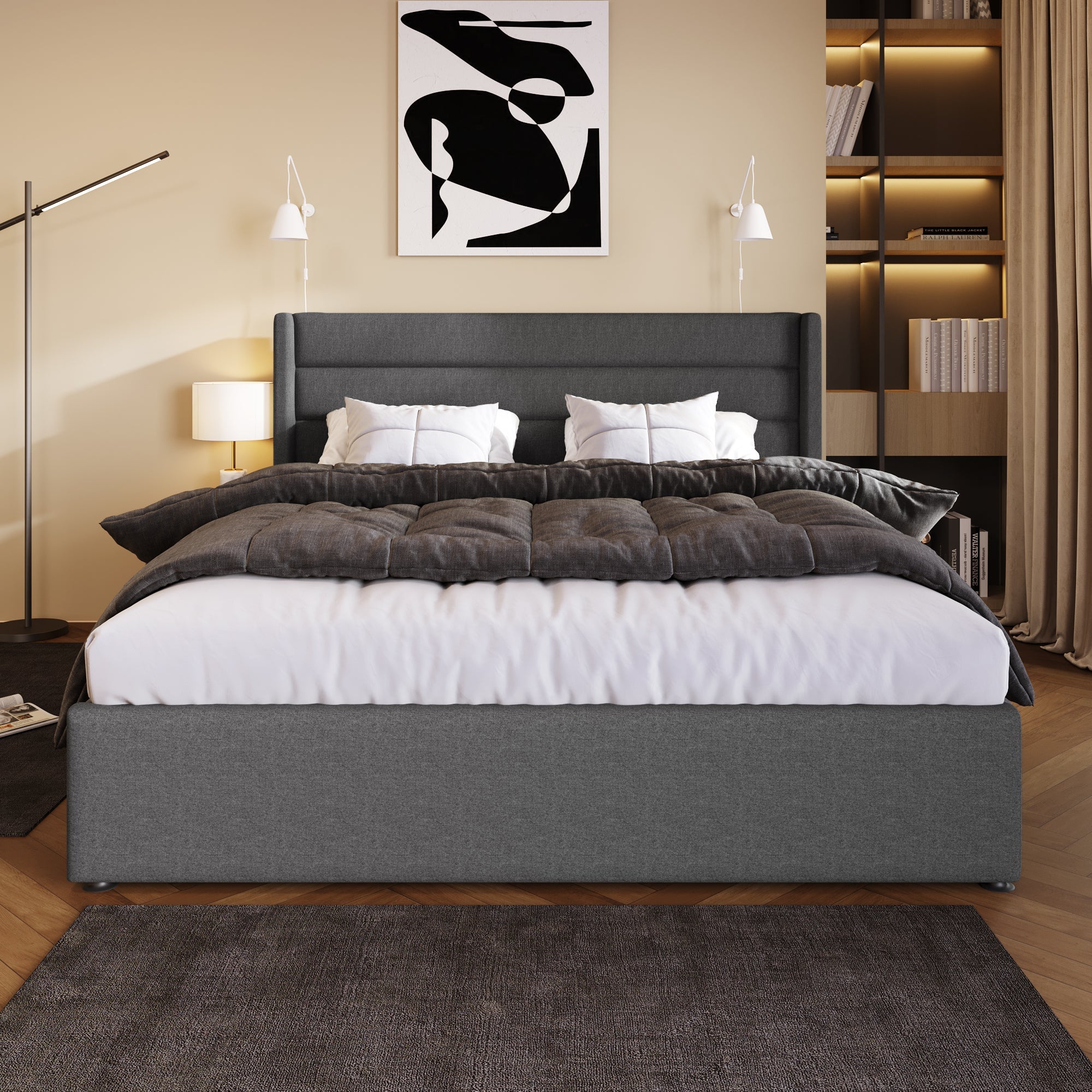Storage Bed, Hydraulic Double Bed 160x200cm, Wooden/Metal Slatted Frame, Linen Grey