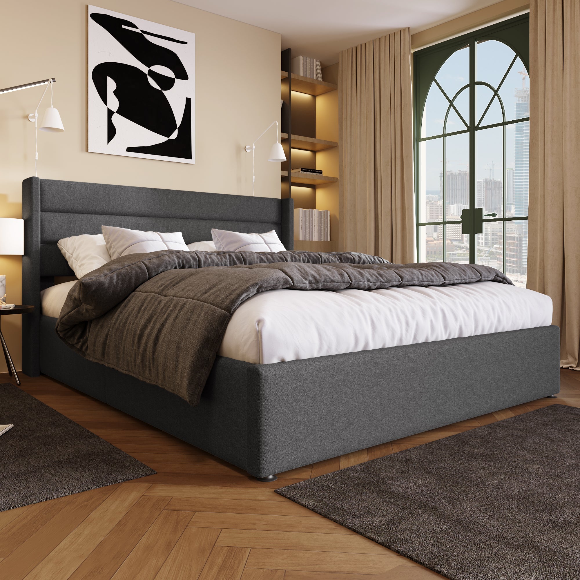 Storage Bed, Hydraulic Double 160x200cm with Mattress & Slatted Frame, Grey Linen