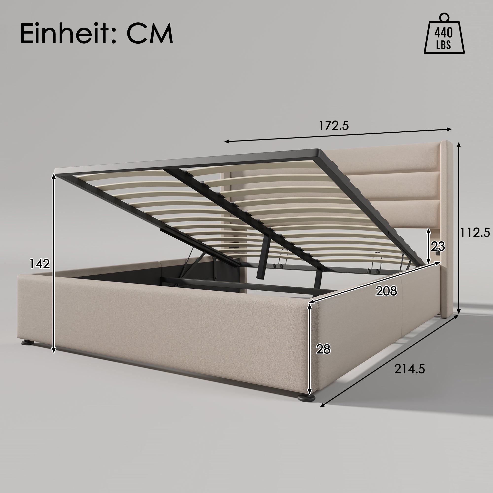 Storage Bed, Hydraulic Double 160x200cm with Mattress & Wooden Slats, Linen Beige