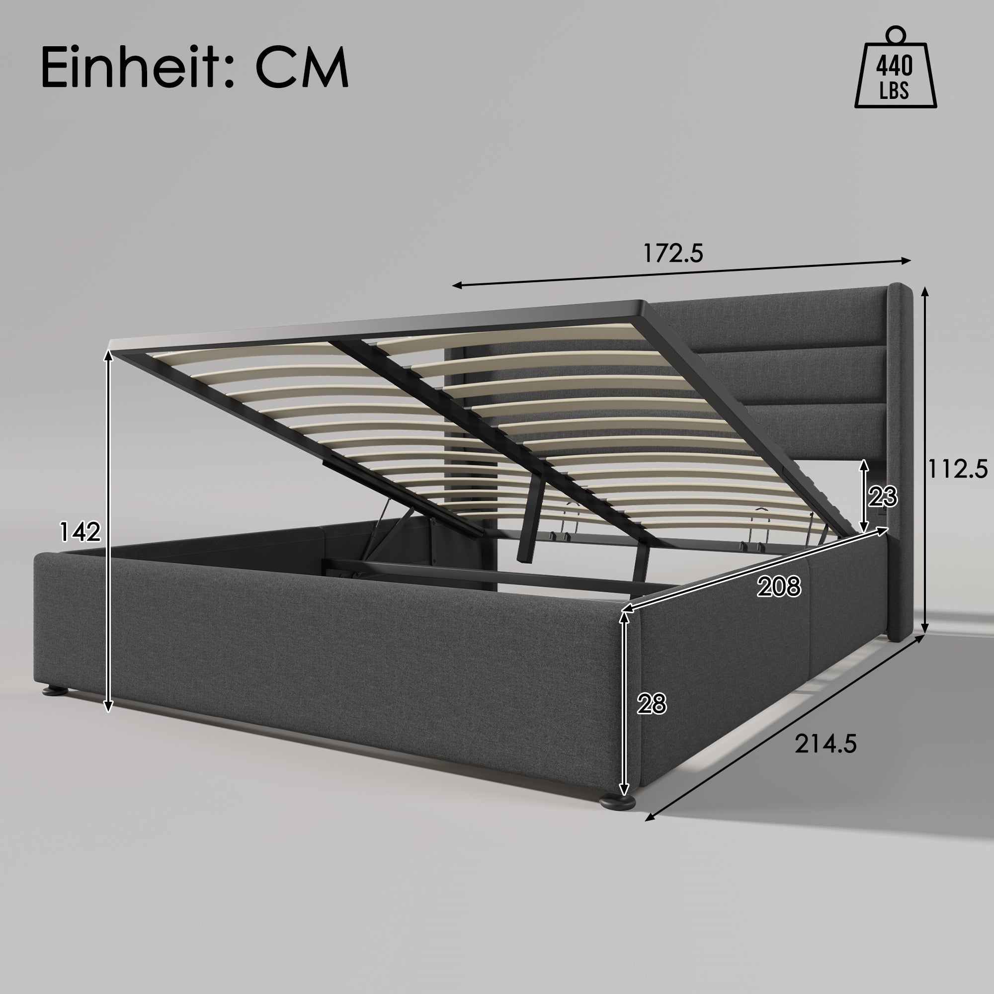 Storage Bed, Hydraulic Double 160x200cm with Mattress & Slatted Frame, Grey Linen