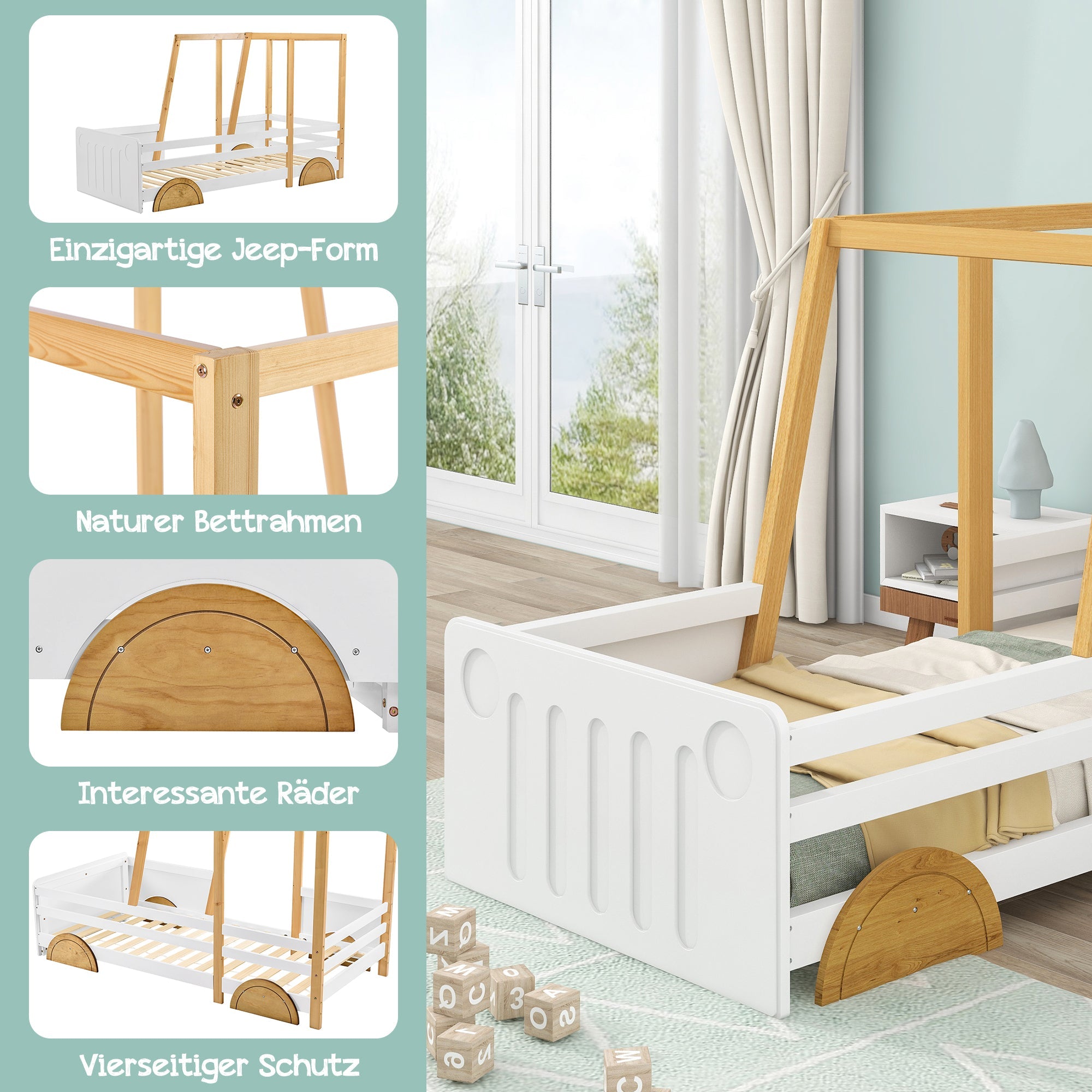 Car Bed, MDF Wheels Pine Frame, White + Natural (90x200cm)