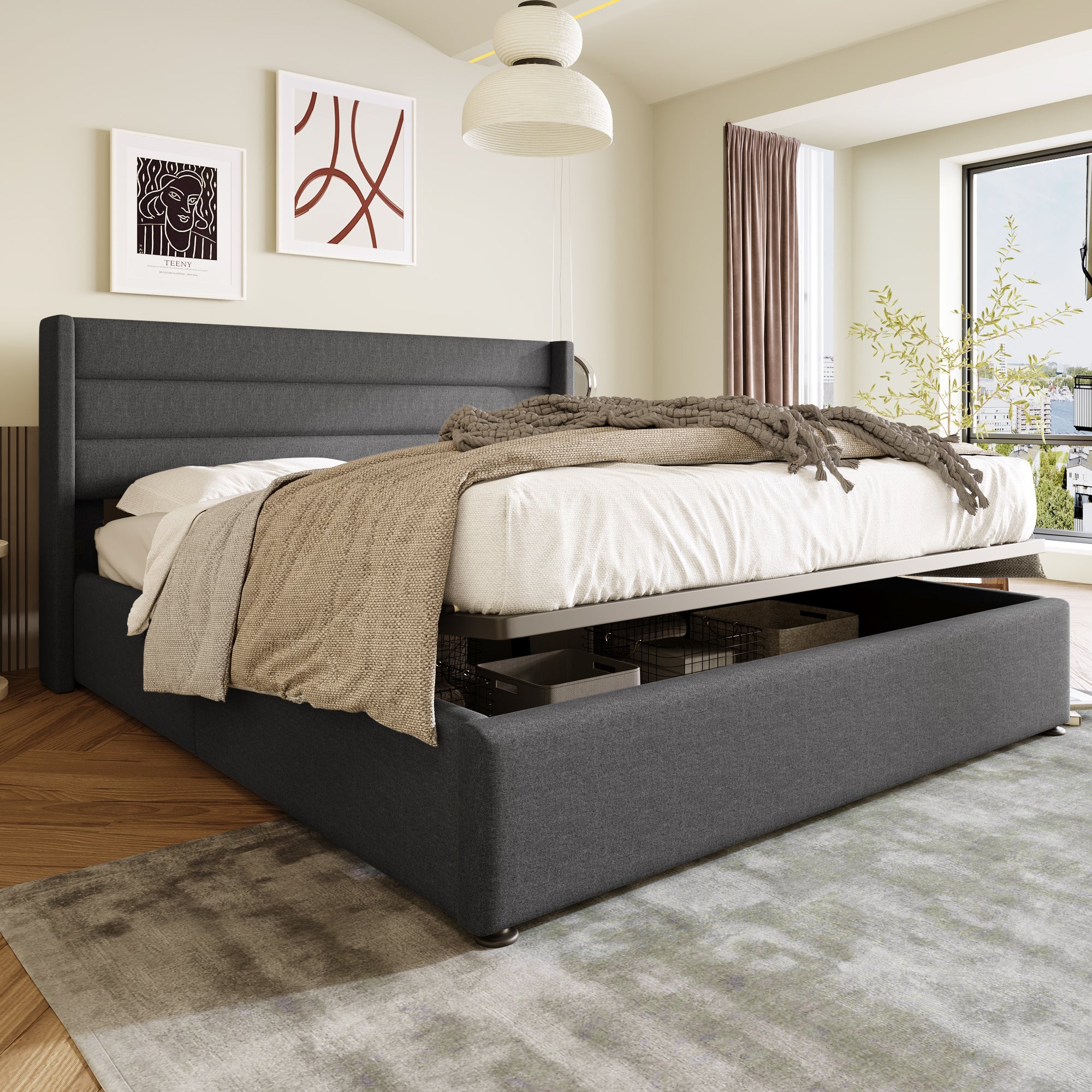 Storage Bed Upholstered Hydraulic Double 180x200cm, Slatted Base - Linen Grey