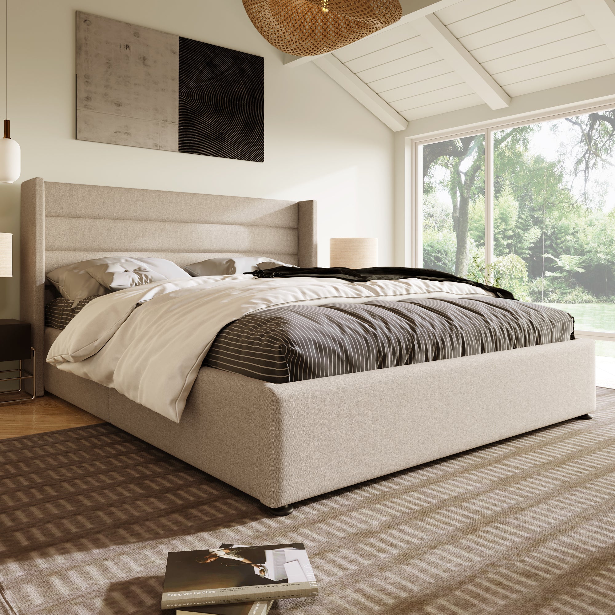 Upholstered Storage Bed, Hydraulic Double 180x200cm Slatted Base, Linen Beige