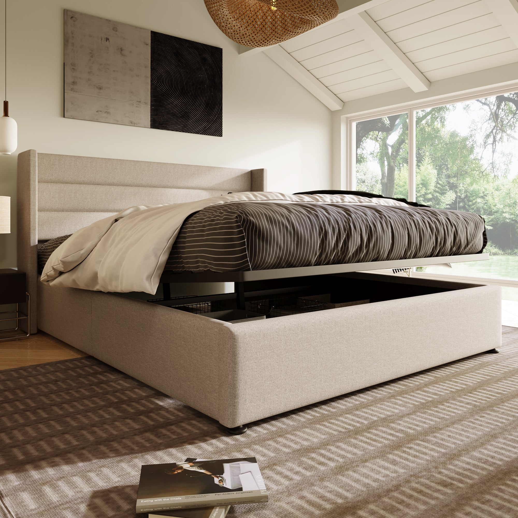 Upholstered Storage Bed, Hydraulic Double 180x200cm Slatted Base, Linen Beige
