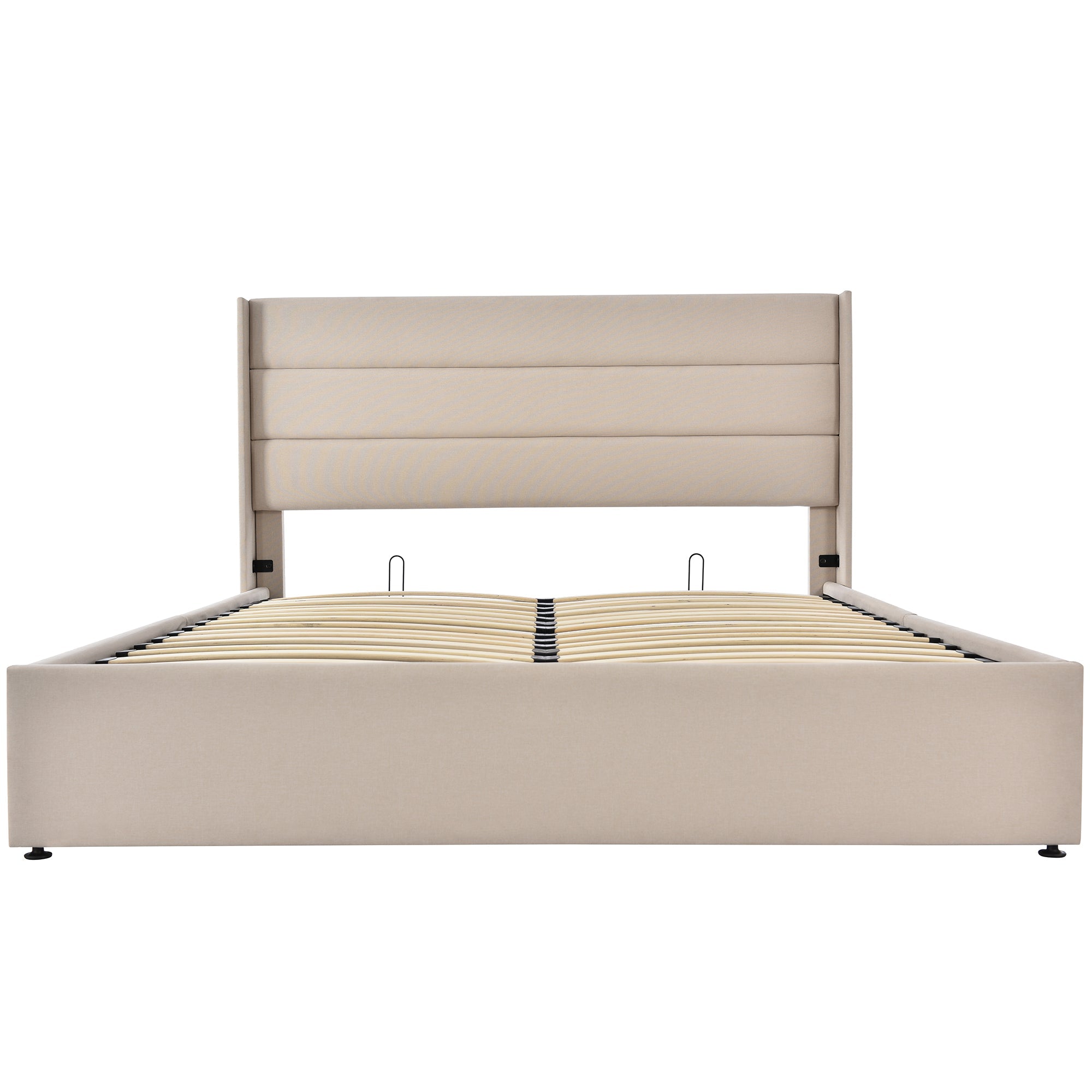 Storage Bed, Hydraulic Double 160x200cm with Mattress & Wooden Slats, Linen Beige