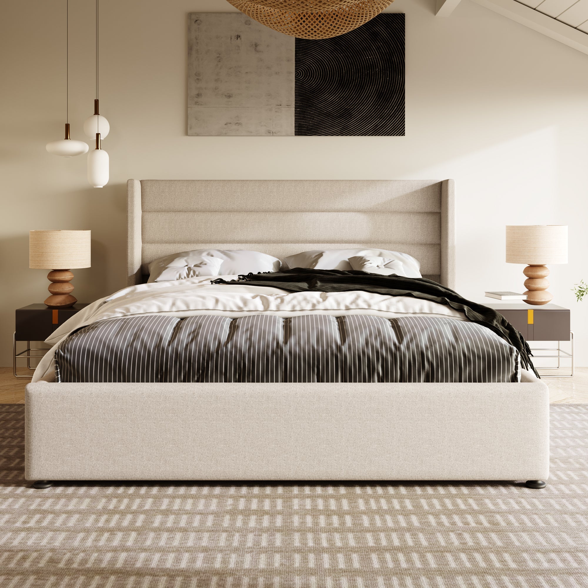 Upholstered Storage Bed, Hydraulic Double 180x200cm Slatted Base, Linen Beige
