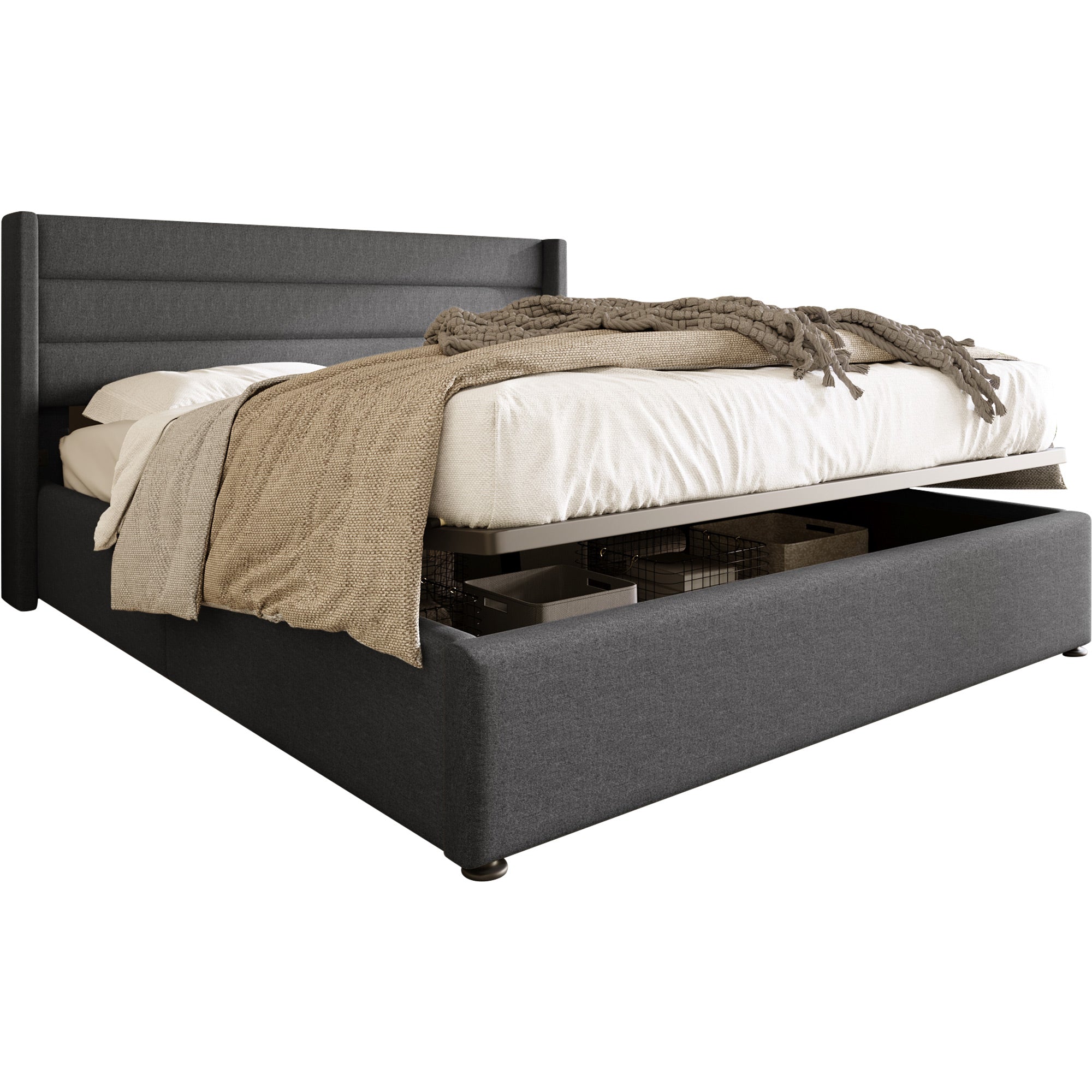 Storage Bed, Hydraulic Double Bed 160x200cm, Wooden/Metal Slatted Frame, Linen Grey