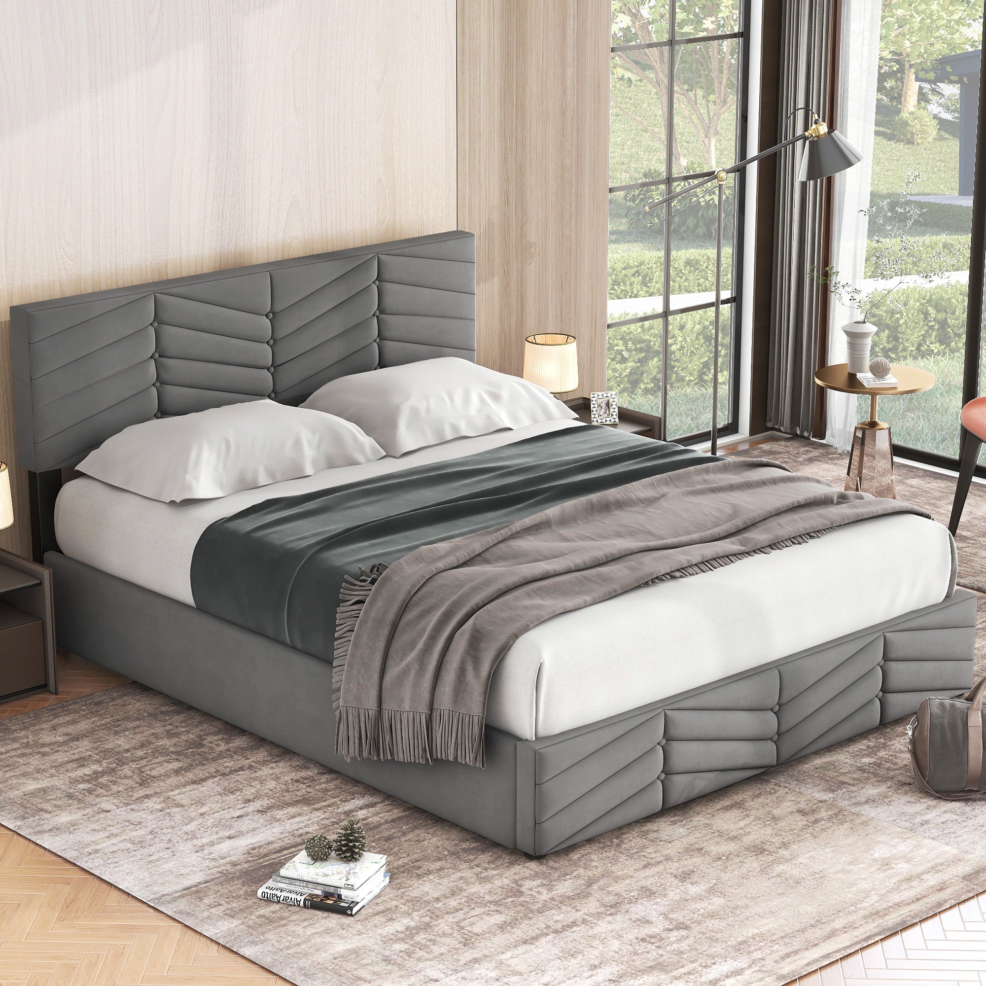Upholstered Double Bed 140x200cm with Hydraulic Function, Striped Adjustable Headboard, Velvet Grey
