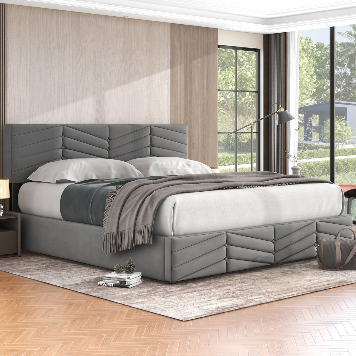 Upholstered Double Bed 160x200cm Hydraulic Lift Striped Height-Adjustable Headboard Velvet Grey