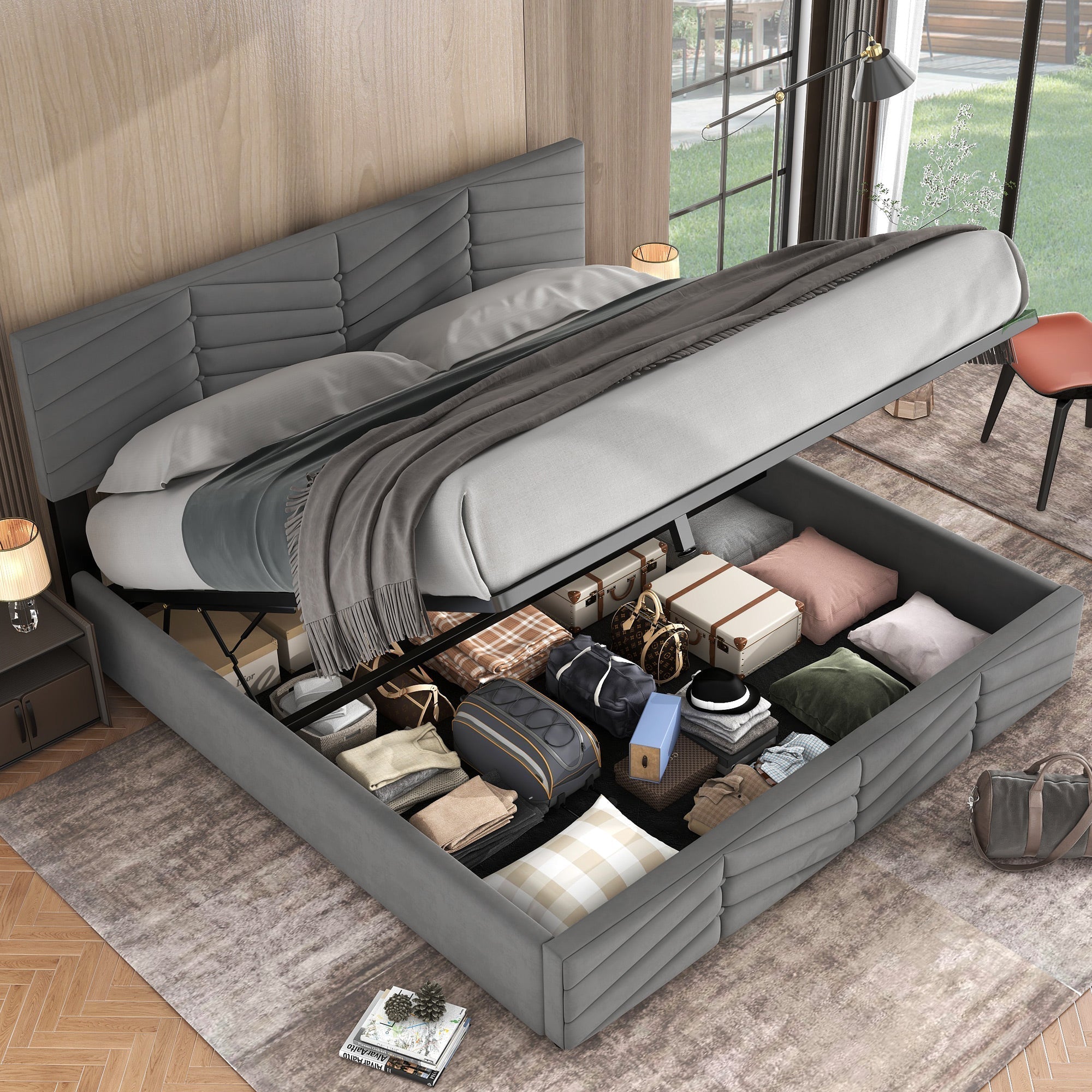 Upholstered Double Bed 160x200cm Hydraulic Lift Striped Height-Adjustable Headboard Velvet Grey