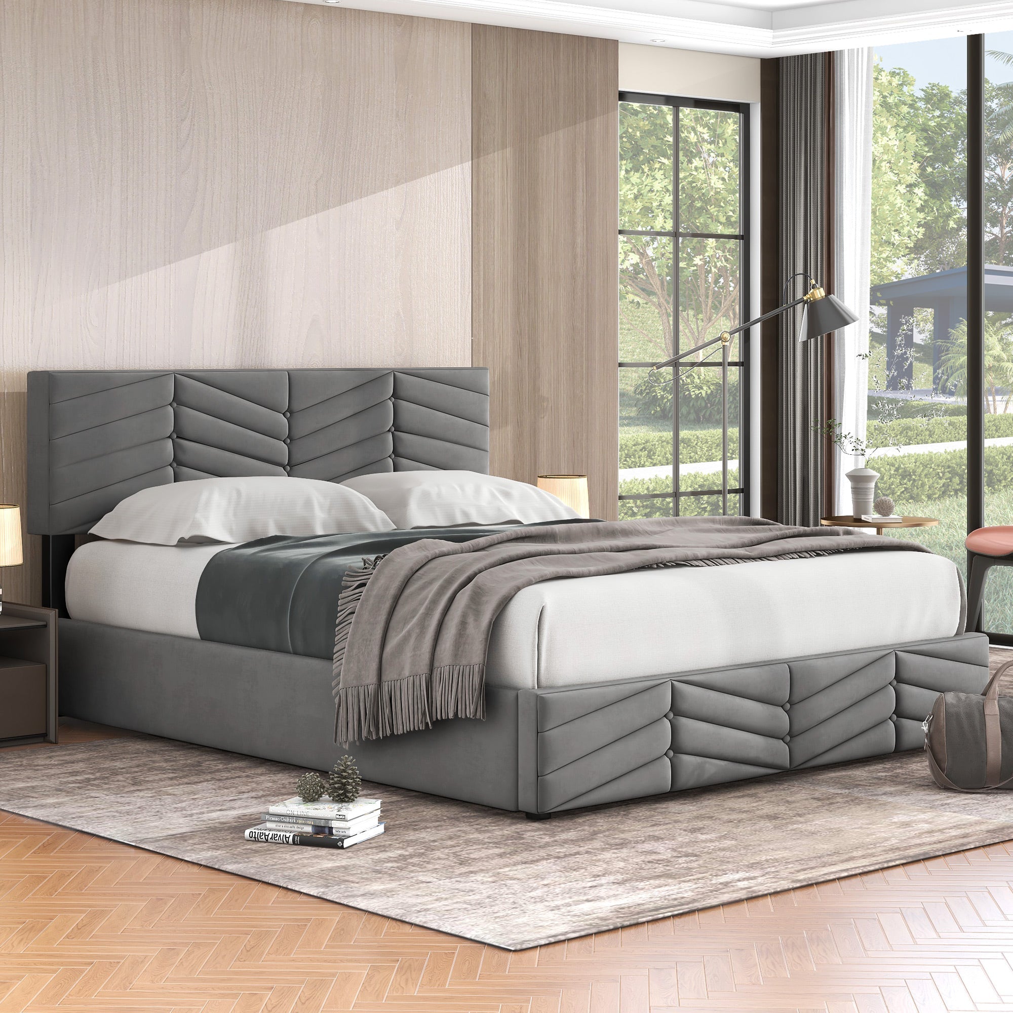 Upholstered Double Bed 140x190 Hydraulic Striped Adjustable Headboard - Velvet Grey