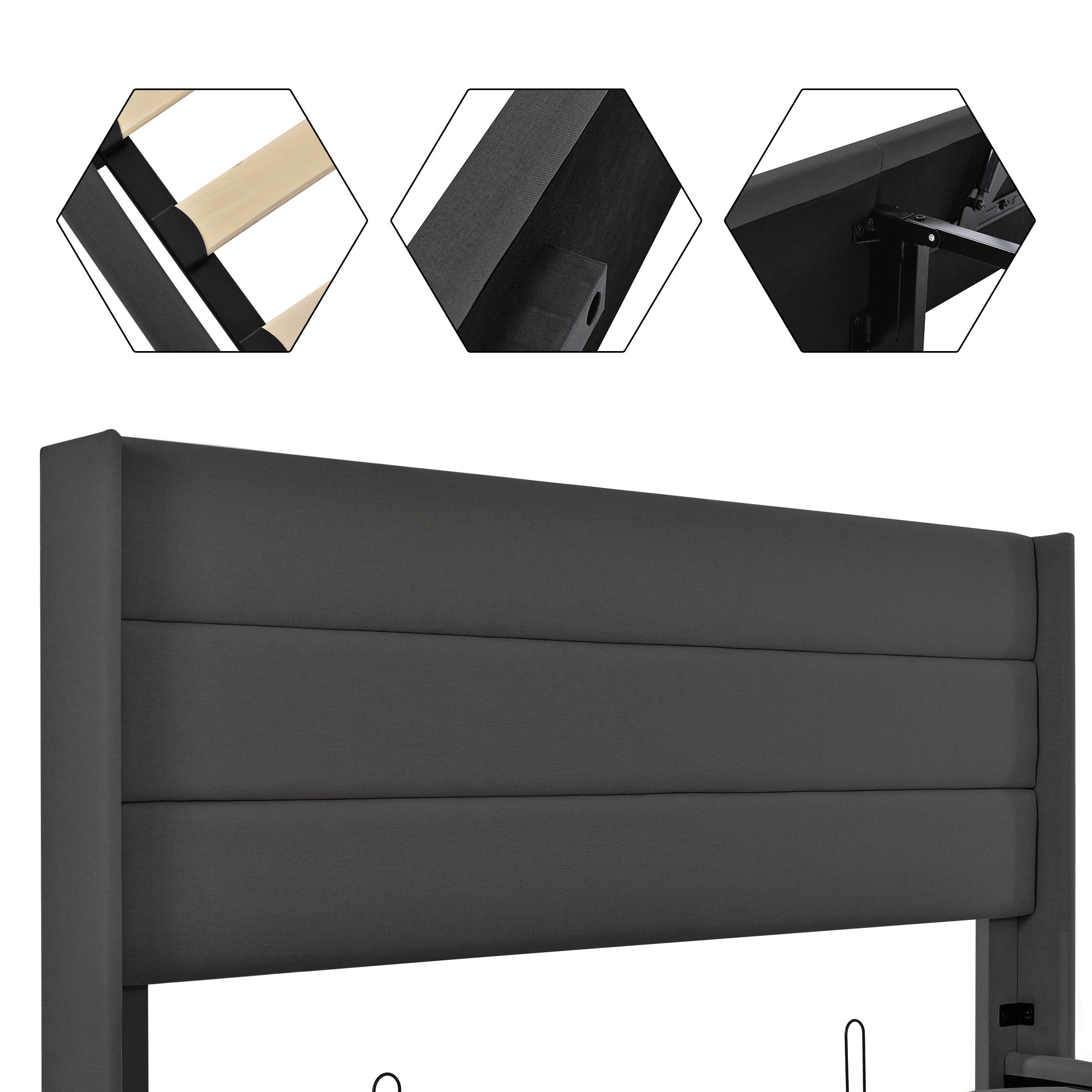 Storage Bed, Hydraulic Upholstered Double Bed 140x200cm, Slatted Base, Linen Grey