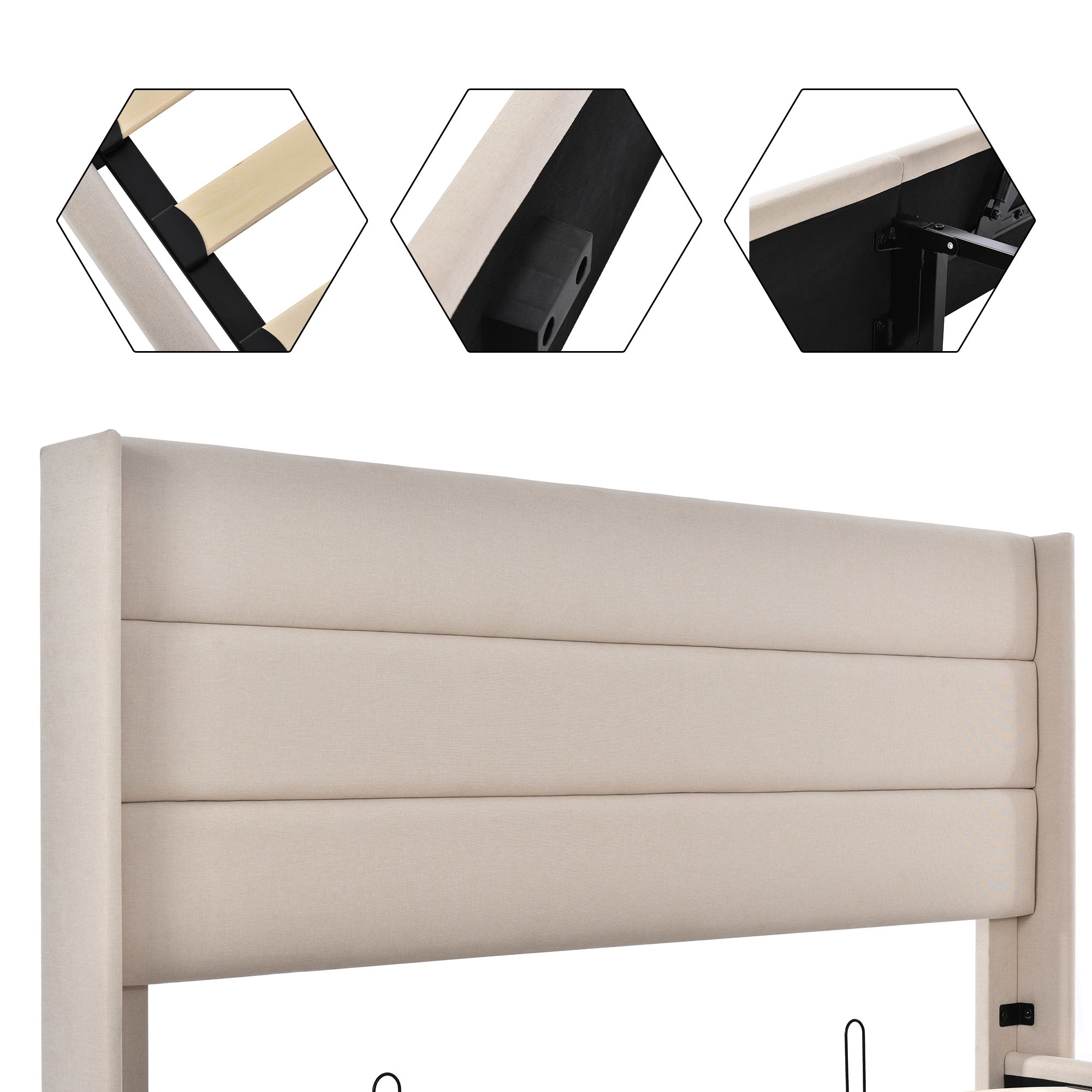 Upholstered Storage Bed, Hydraulic Double 180x200cm Slatted Base, Linen Beige