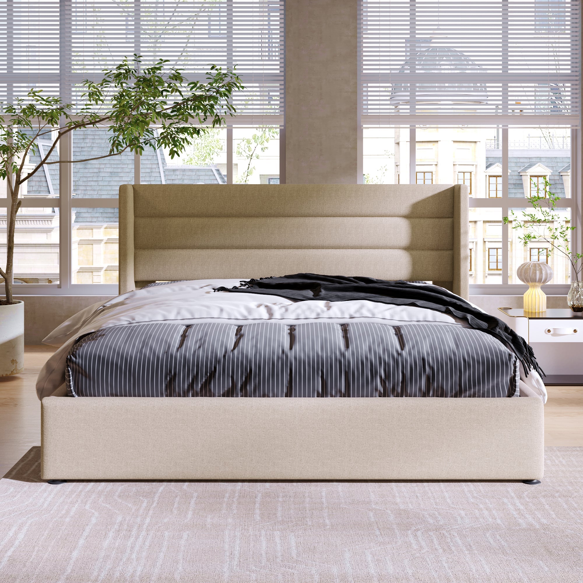 Storage Bed, Hydraulic Double 140x200cm, Wood & Metal Frame, Linen Beige
