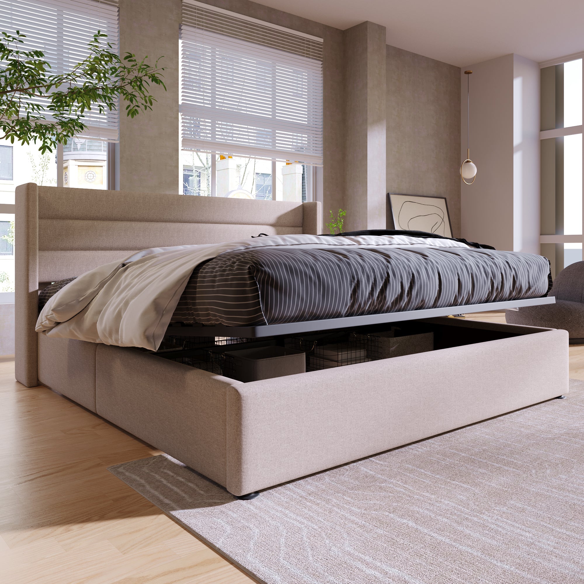 Storage Bed, Hydraulic Double 160x200cm, Upholstered Linen Beige