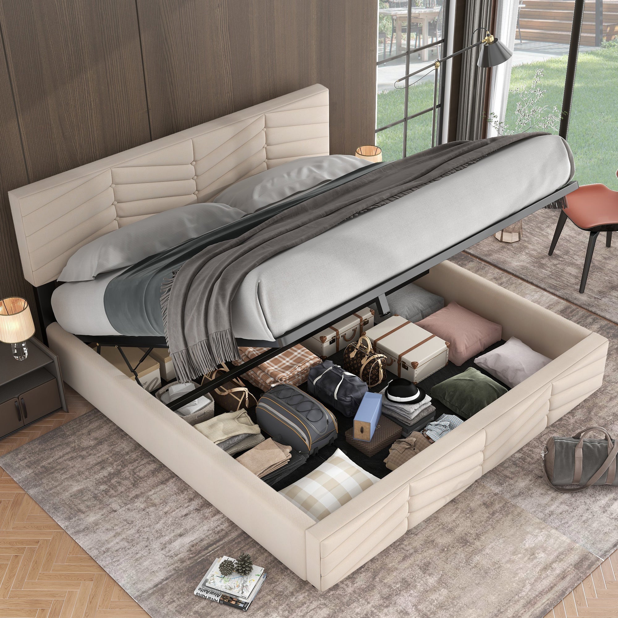 Upholstered Double Bed 160x200 Hydraulic Functional with Height-Adjustable Headboard, Striped Continental Style - Velvet Beige