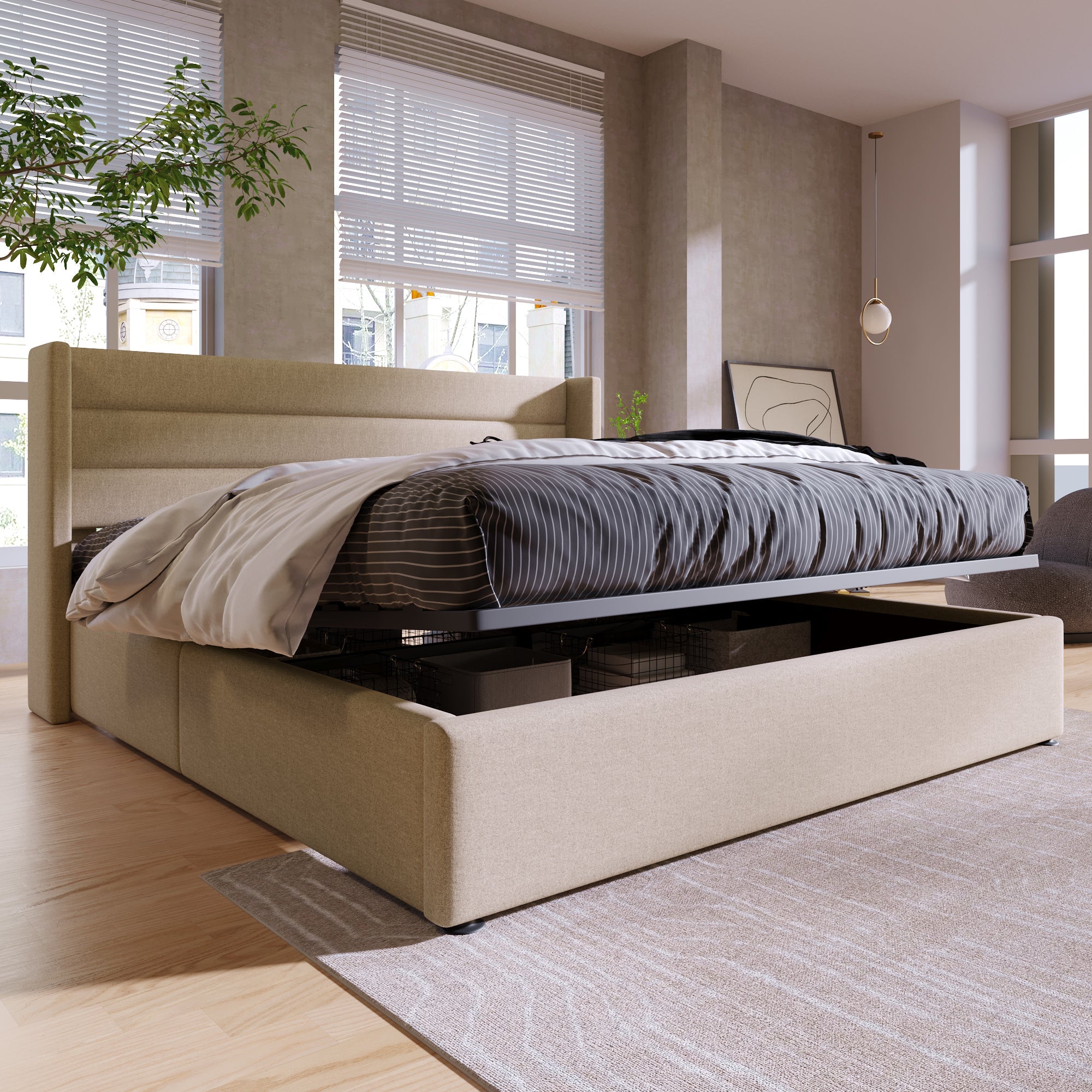Storage Bed, Hydraulic Double 140x200cm, Wood & Metal Frame, Linen Beige