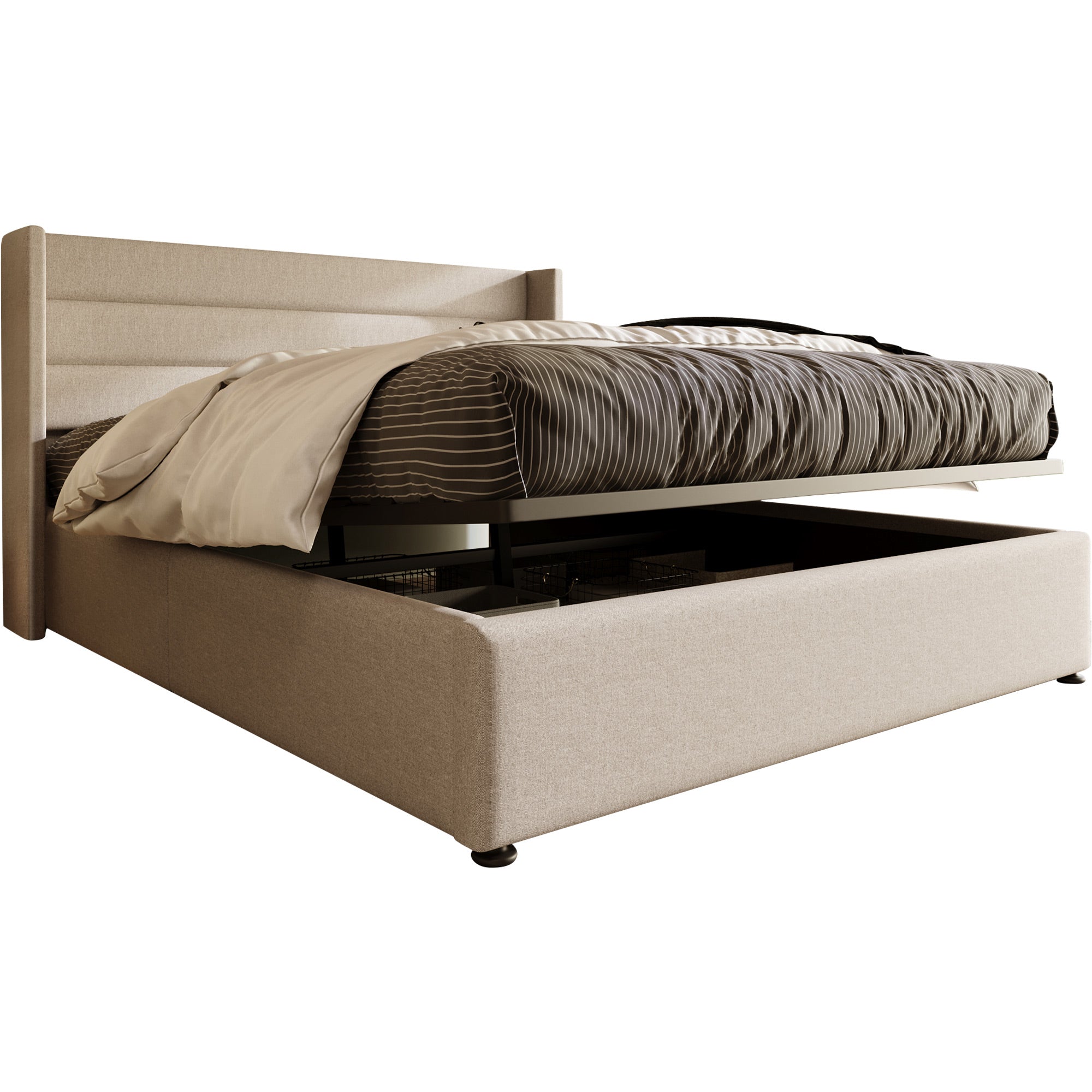 Storage Bed, Hydraulic Double 160x200cm with Mattress & Wooden Slats, Linen Beige
