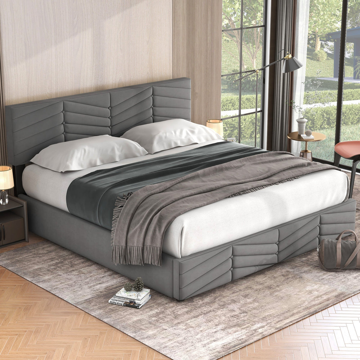 Upholstered Double Bed 160x200cm Hydraulic Lift Striped Height-Adjustable Headboard Velvet Grey