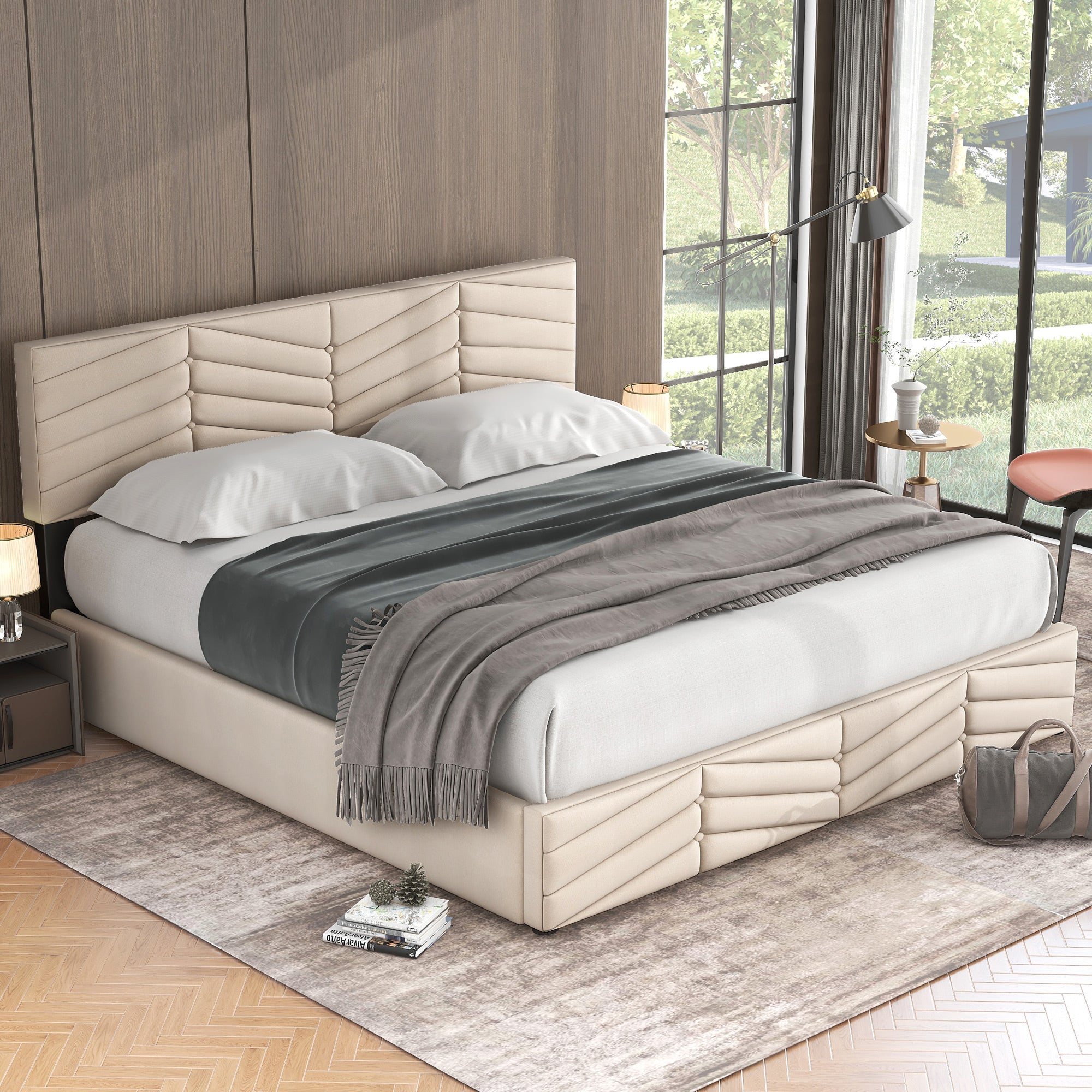Upholstered Double Bed 160x200 Hydraulic Functional with Height-Adjustable Headboard, Striped Continental Style - Velvet Beige