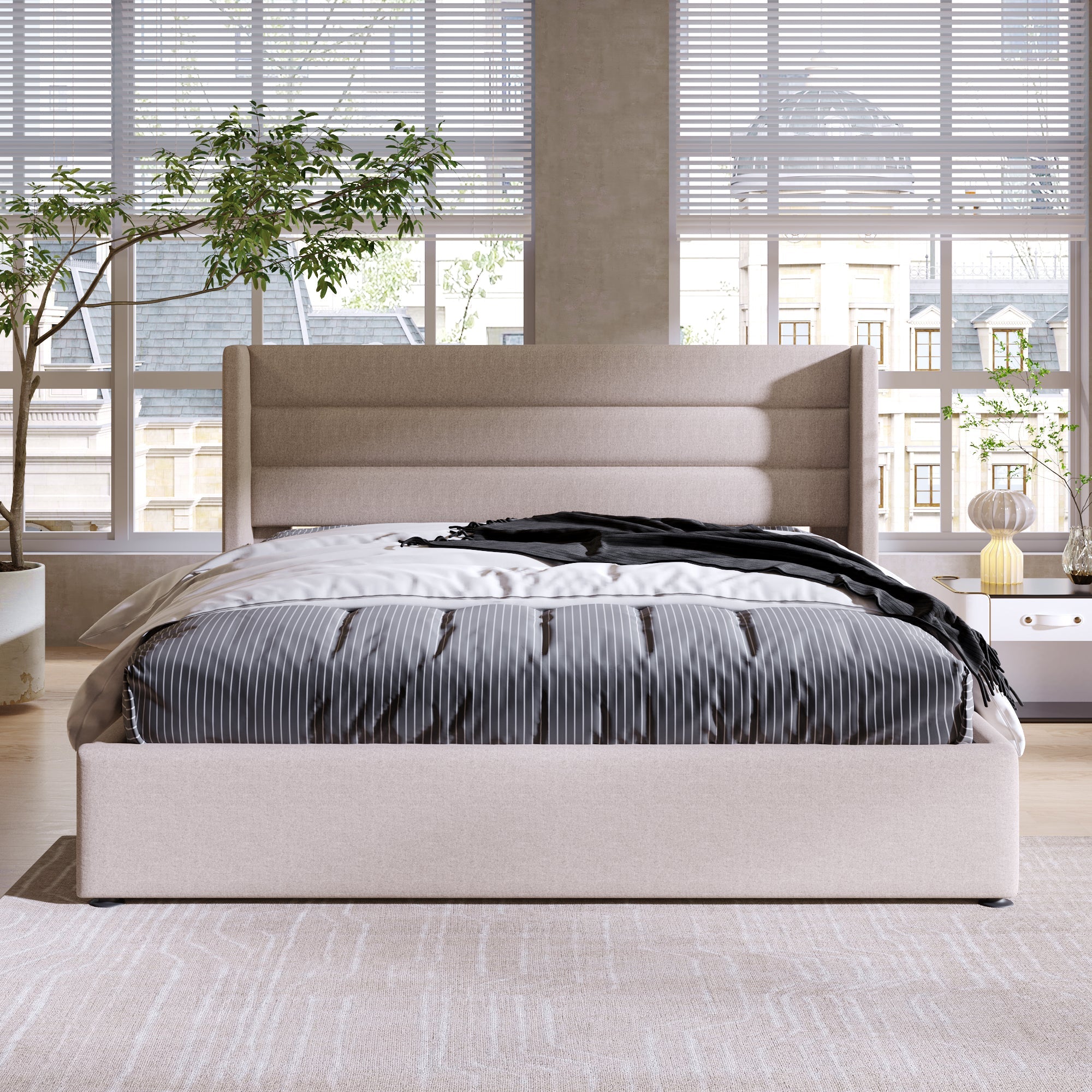 Storage Bed, Hydraulic Double 160x200cm, Upholstered Linen Beige