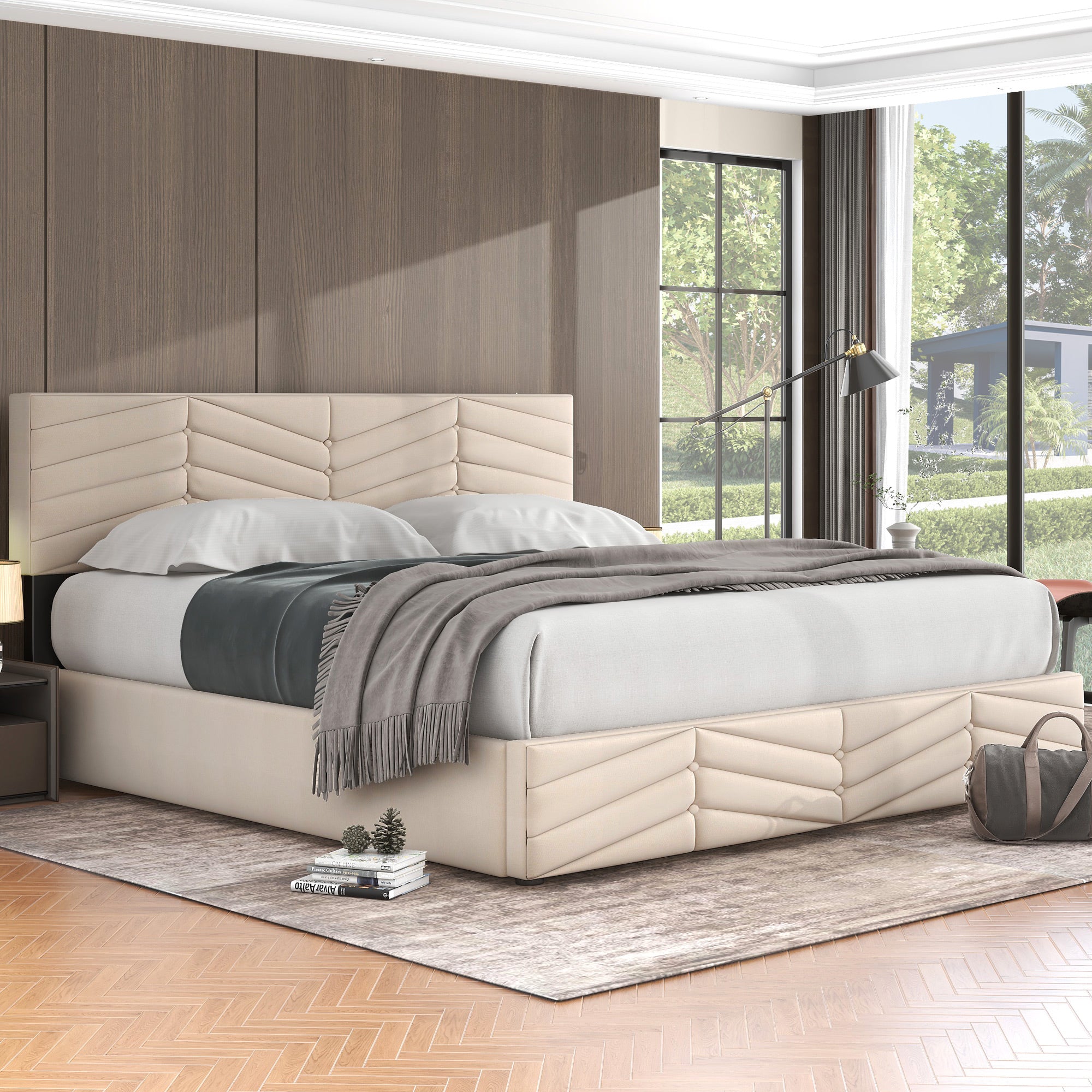 Upholstered Double Bed 160x200 Hydraulic Functional with Height-Adjustable Headboard, Striped Continental Style - Velvet Beige