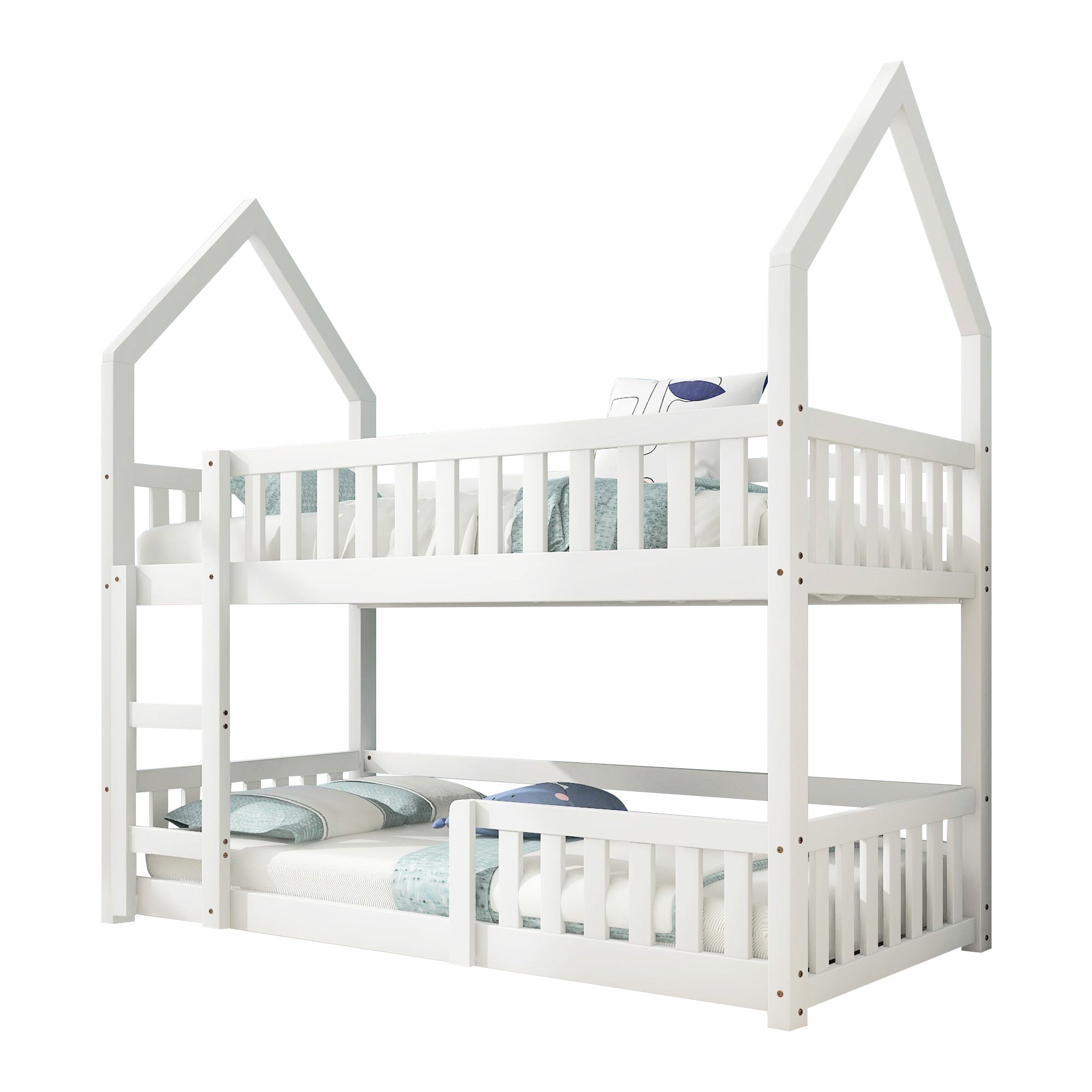 Bunk Bed, Twin Sleeper with Ladder & Gaming Castle Design, Solid Wood Frame (White)