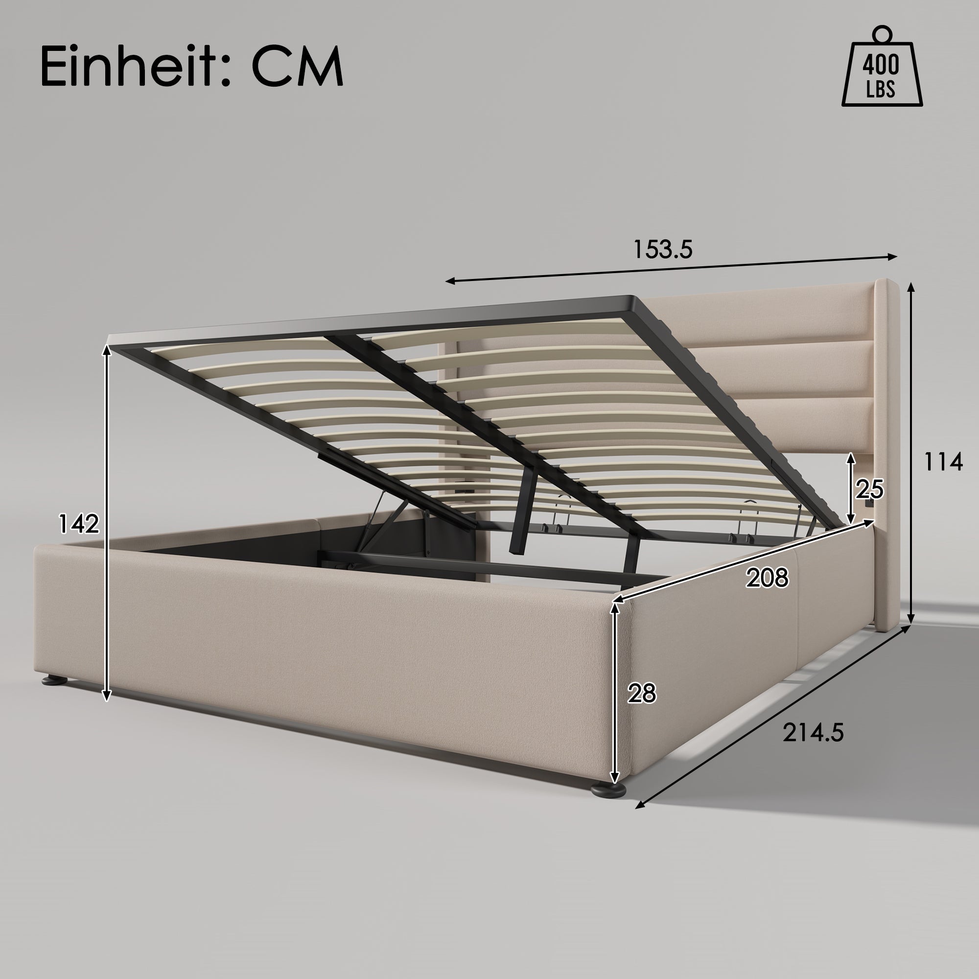 Storage Bed, Hydraulic Double 140x200cm, Wood & Metal Frame, Linen Beige