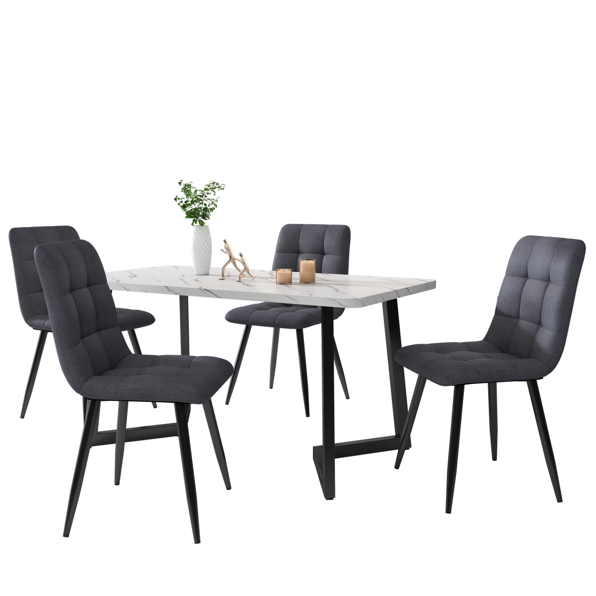 Dining Chair Set of 4 Upholstered Designer Chair with Backrest Metal Frame Dark Grey Linen
