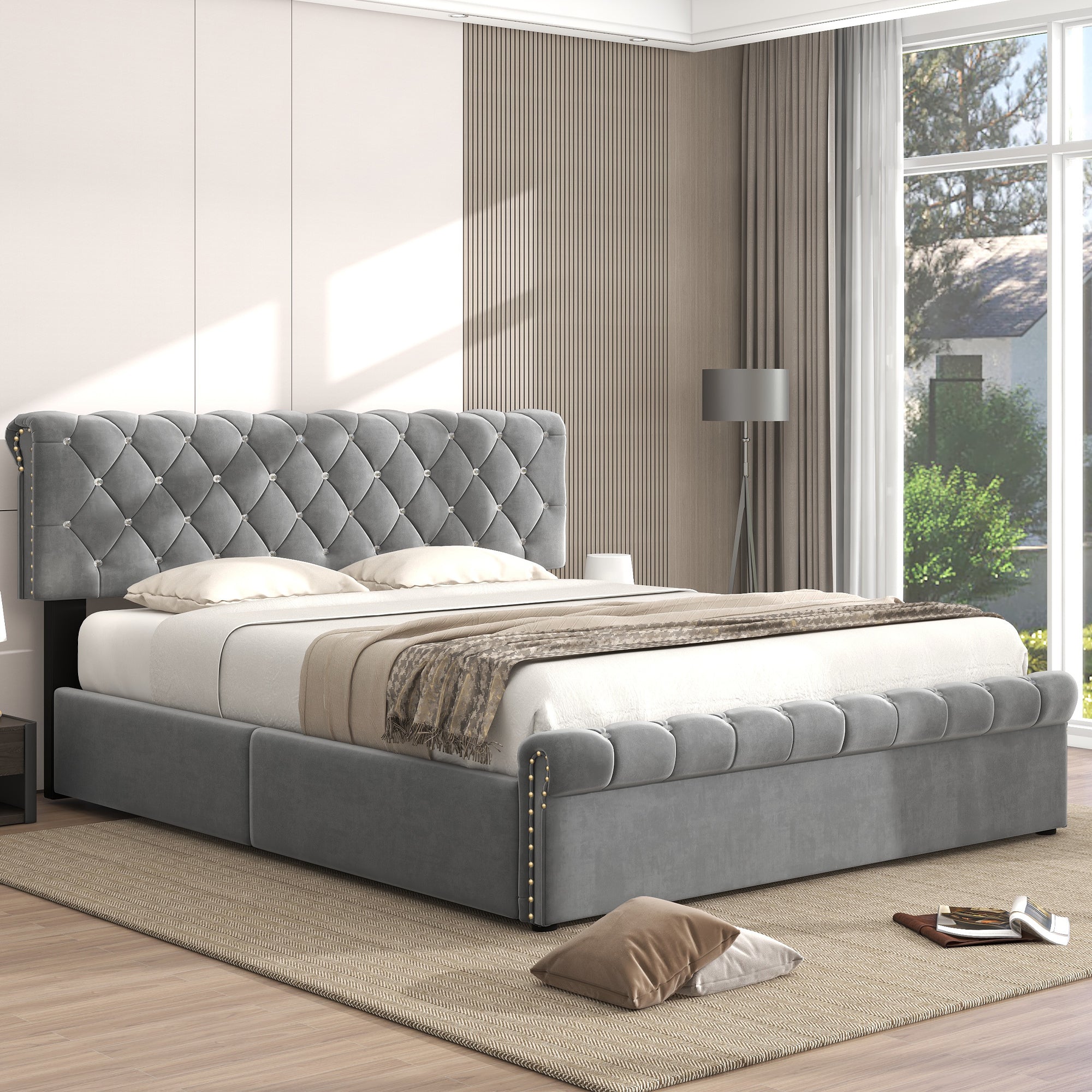 Upholstered Double Bed with Hydraulic Storage and Height-Adjustable Headboard, 140x200cm, Grey Velvet