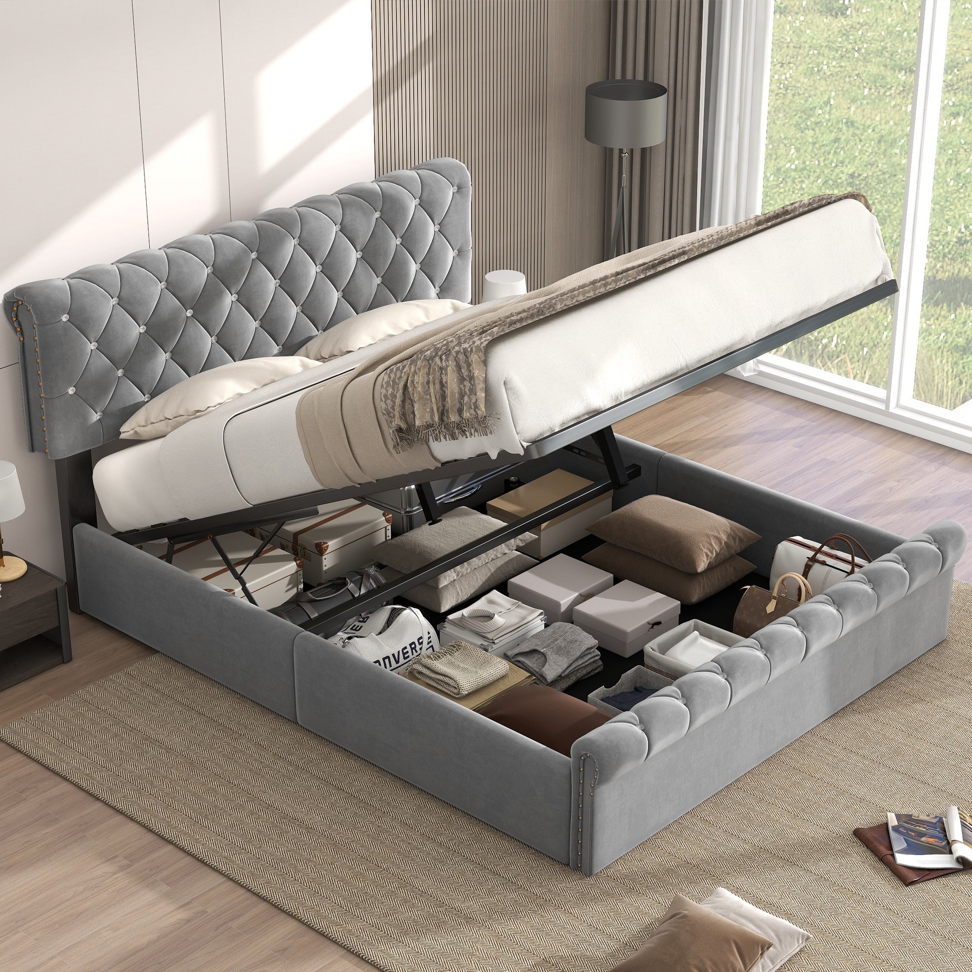 Upholstered Double Bed with Hydraulic Storage and Height-Adjustable Headboard, 140x200cm, Grey Velvet