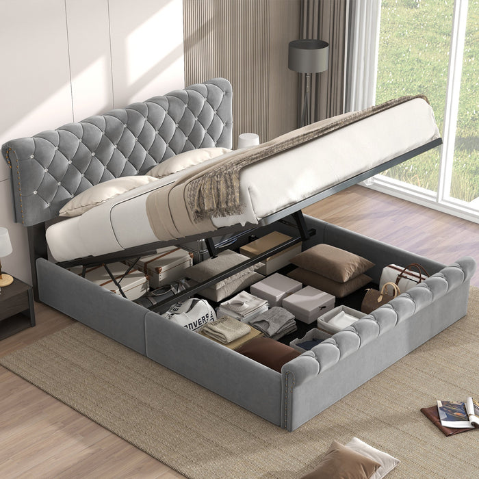 Upholstered Double Bed with Hydraulic Storage and Height-Adjustable Headboard, 140x200cm, Grey Velvet