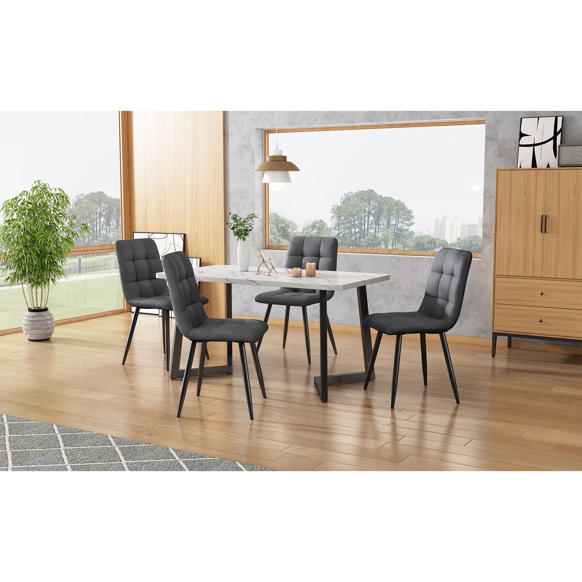 Dining Chair Set of 4 Upholstered Designer Chair with Backrest Metal Frame Dark Grey Linen
