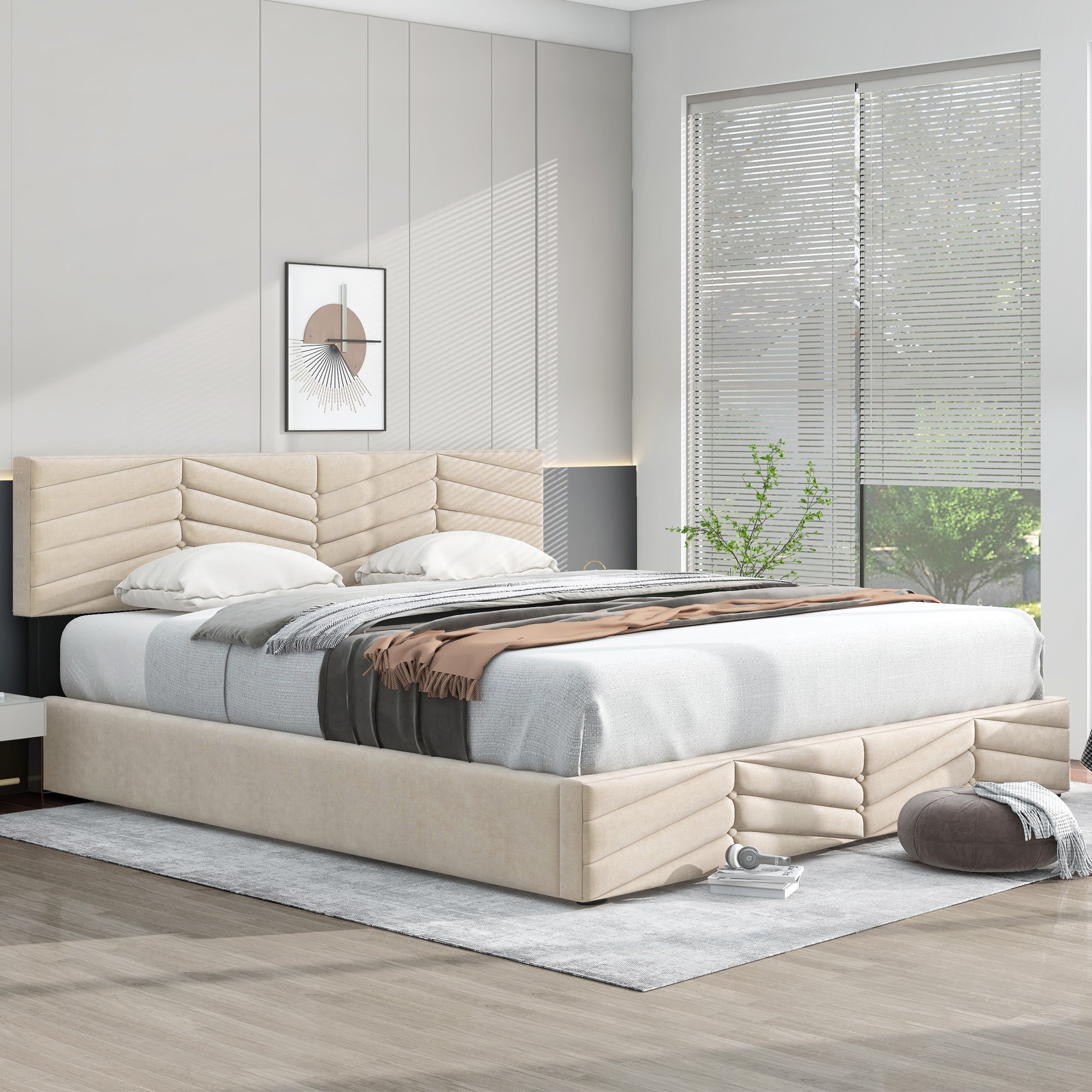 Upholstered Double Bed 160x200 Hydraulic Functional with Height-Adjustable Headboard, Striped Continental Style - Velvet Beige