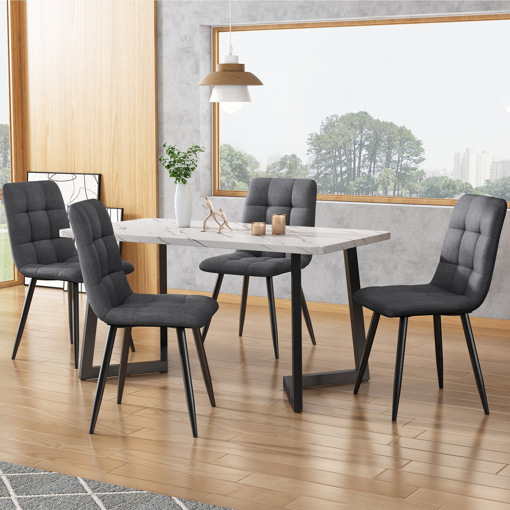 5-Piece Dining Set Rectangular Table 117cm with 4 Modern Chairs Dark Grey Linen Black