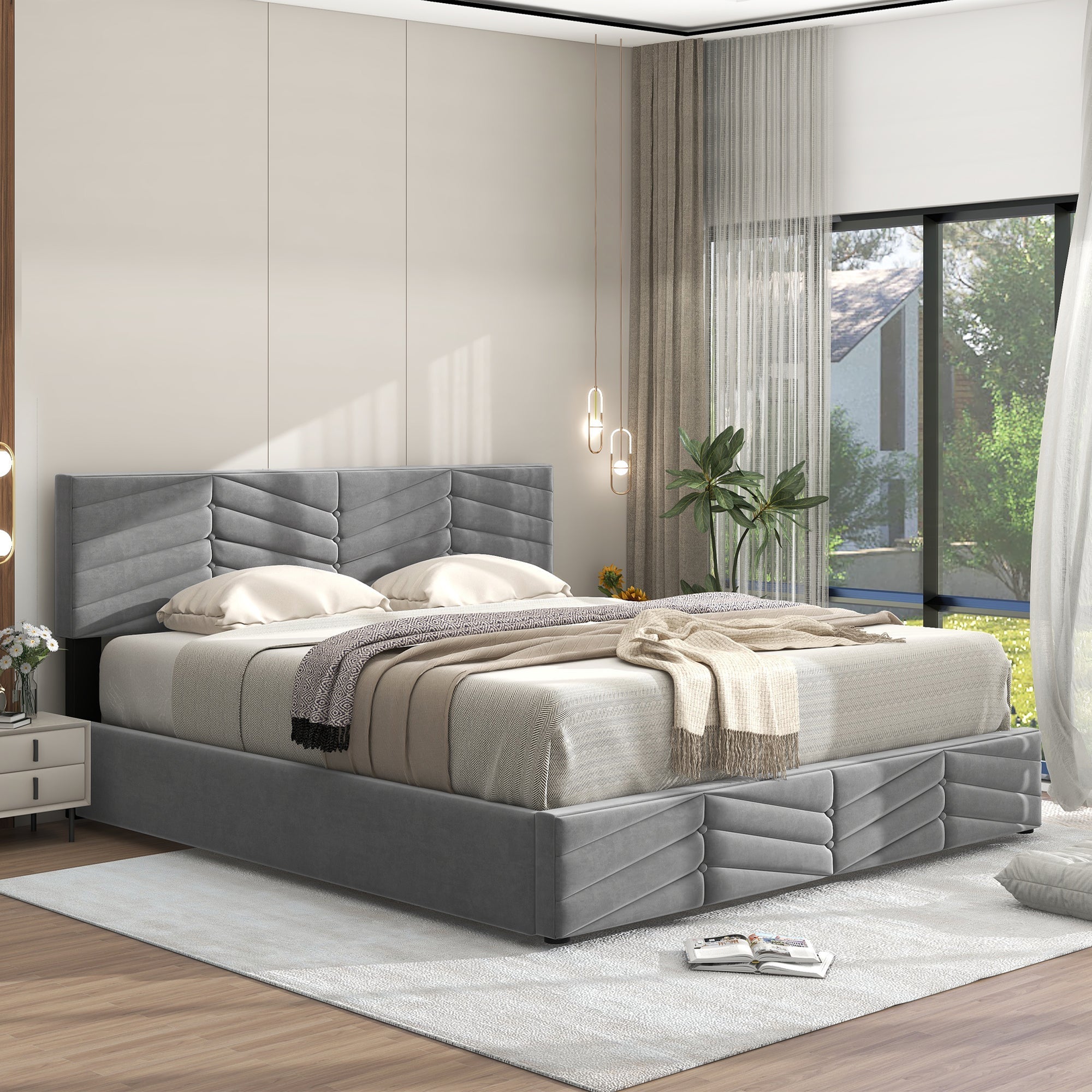 Upholstered Double Bed 140x190 Hydraulic Striped Adjustable Headboard - Velvet Grey