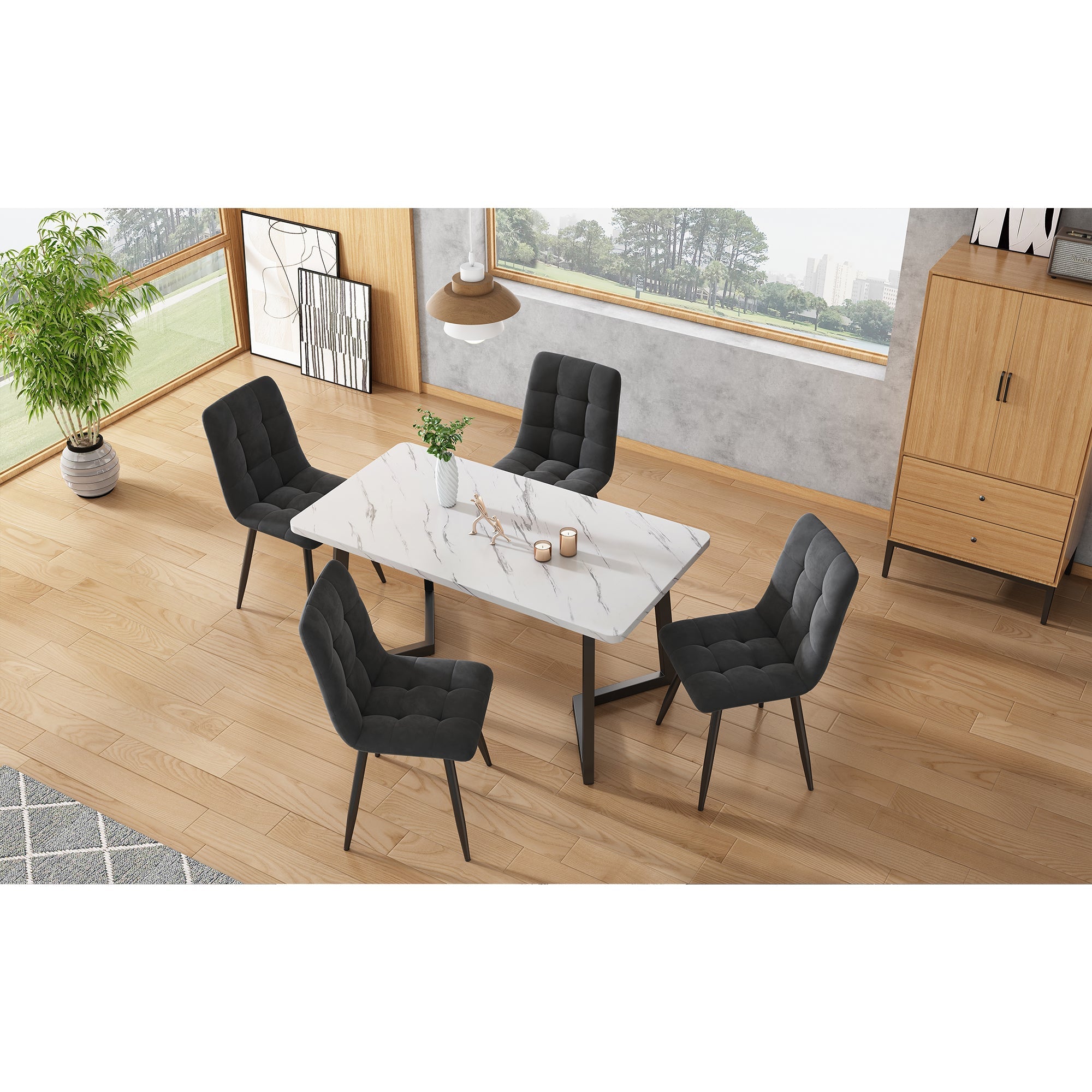 Set of 4 Dining Chairs Upholstered Designer Velvet Seat with Backrest Dark Grey Metal Frame