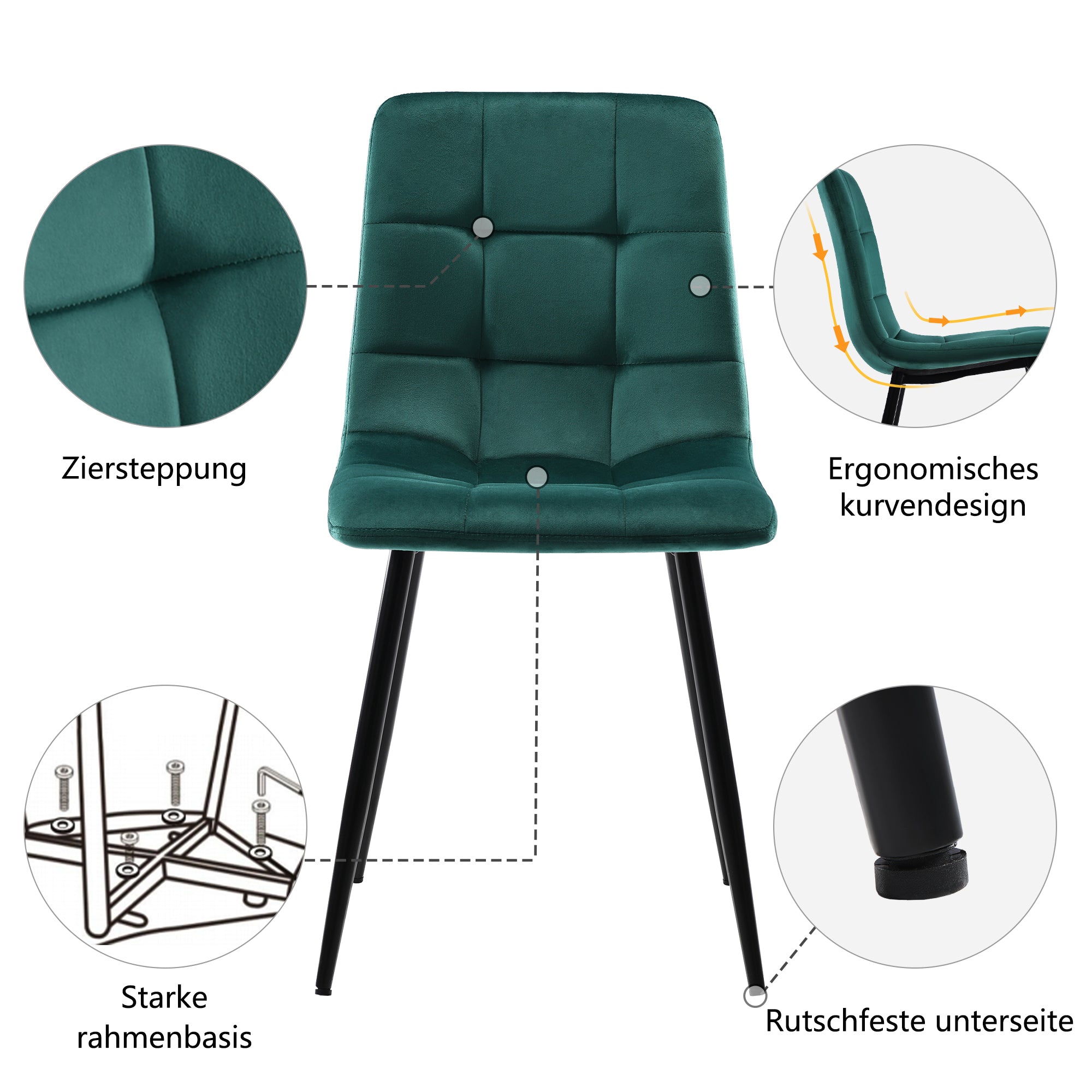 Dining Chair Set of 4 Upholstered Velvet Seat Metal Frame Dark Green