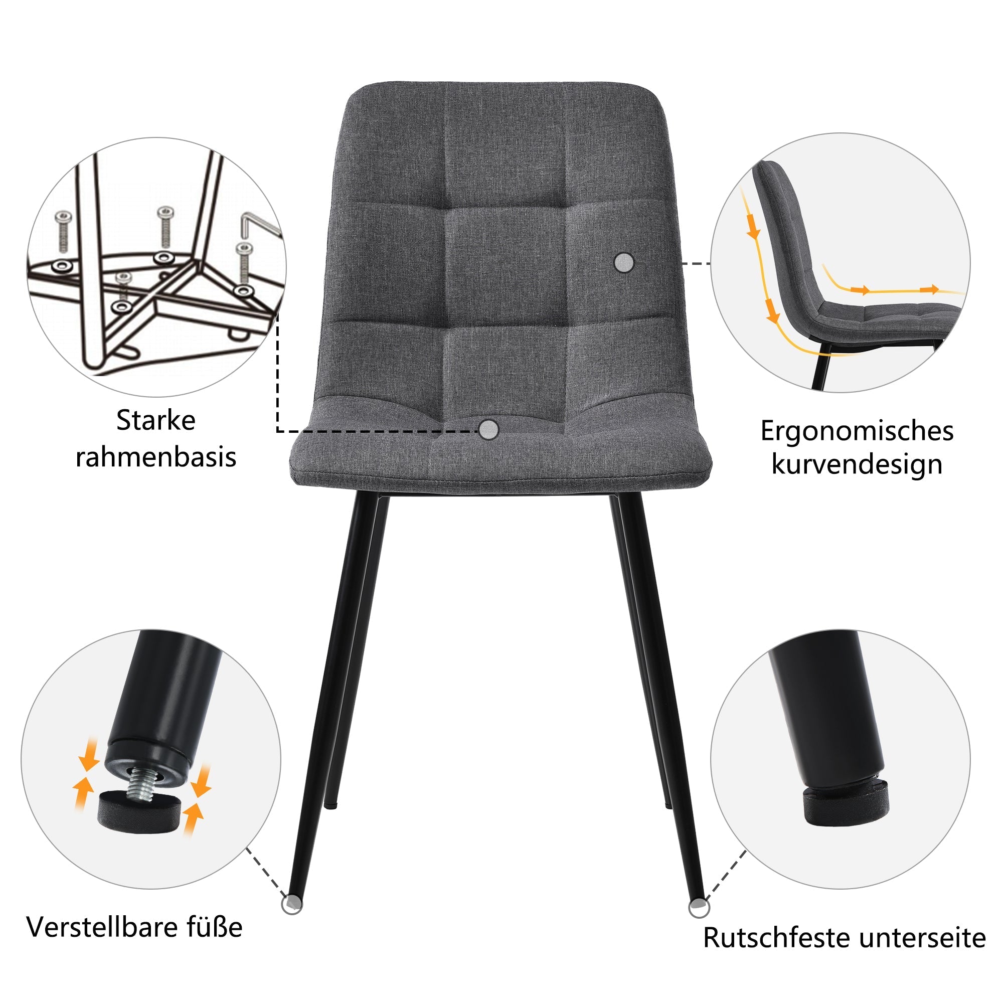 5-Piece Dining Set 117cm Rectangular Table 4 Dark Grey Linen Chairs Gold Legs