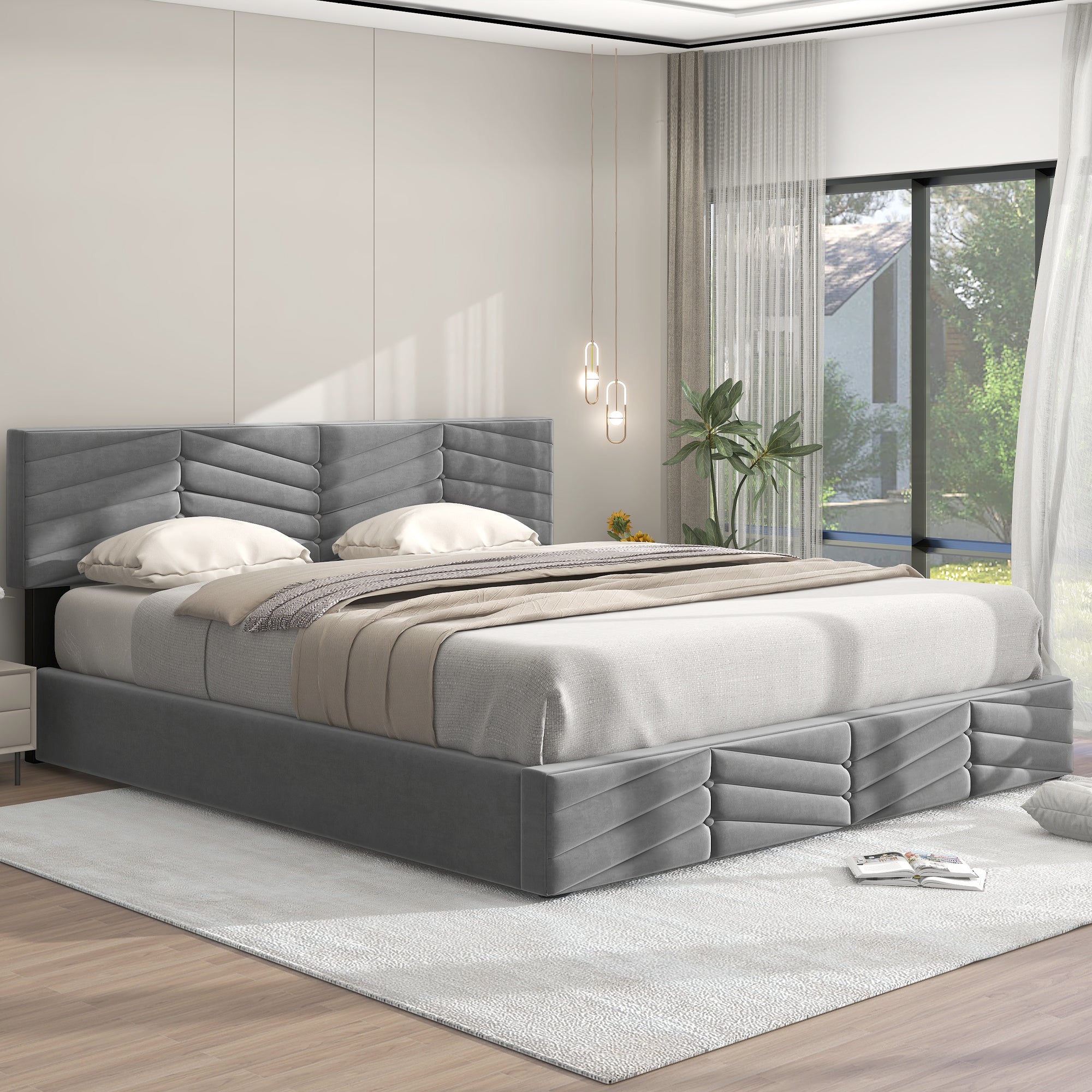 Upholstered Double Bed with Hydraulic Storage and Adjustable Headboard, 160x200cm, Grey Velvet