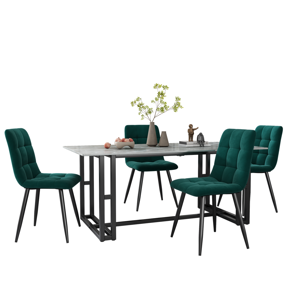 Dining Chair Set of 4 Upholstered Velvet Seat Metal Frame Dark Green