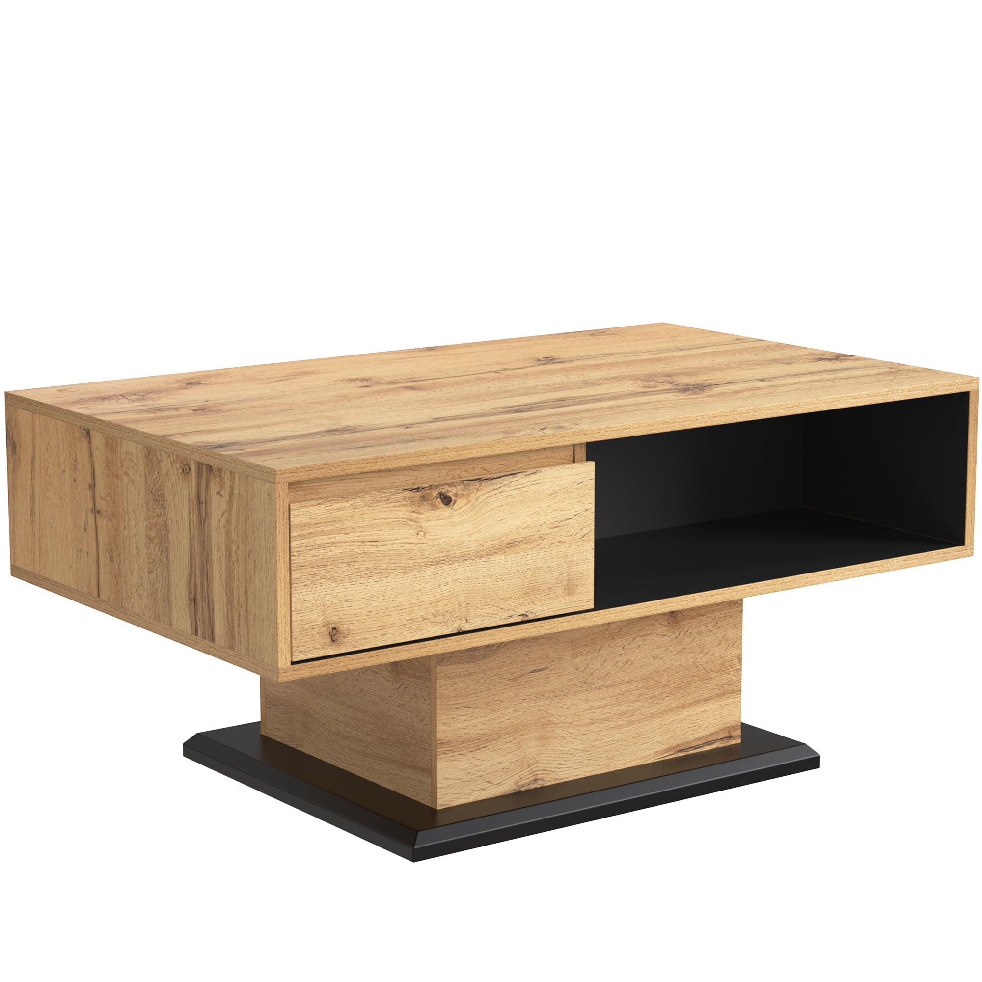 Wood grain coffee table with handleless drawer and double-sided storage